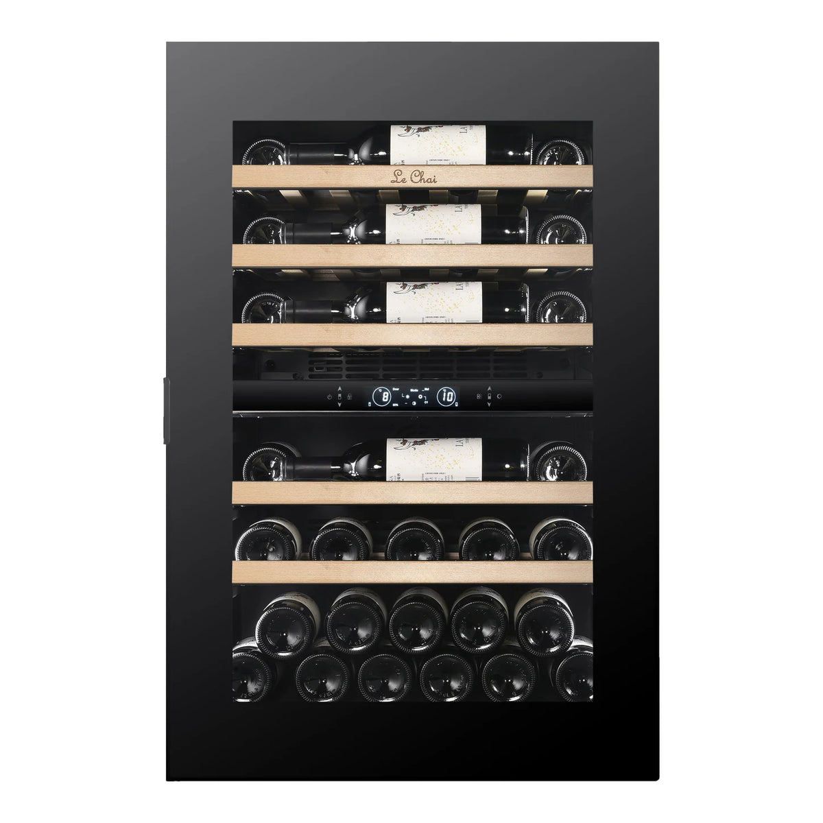 Le Chai LT2BI44H88A 44-bottle wine cooler, front view with the door closed, full of bottles, with the wooden shelves without the Black Inox front.