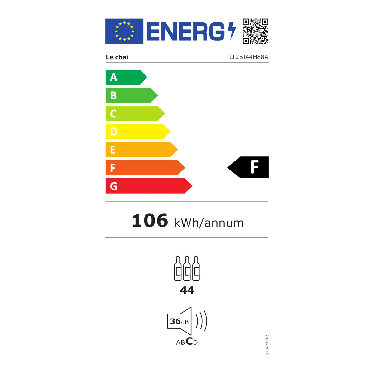 Energy label of the Le Chai LT2BI44H88A wine cooler, class F.