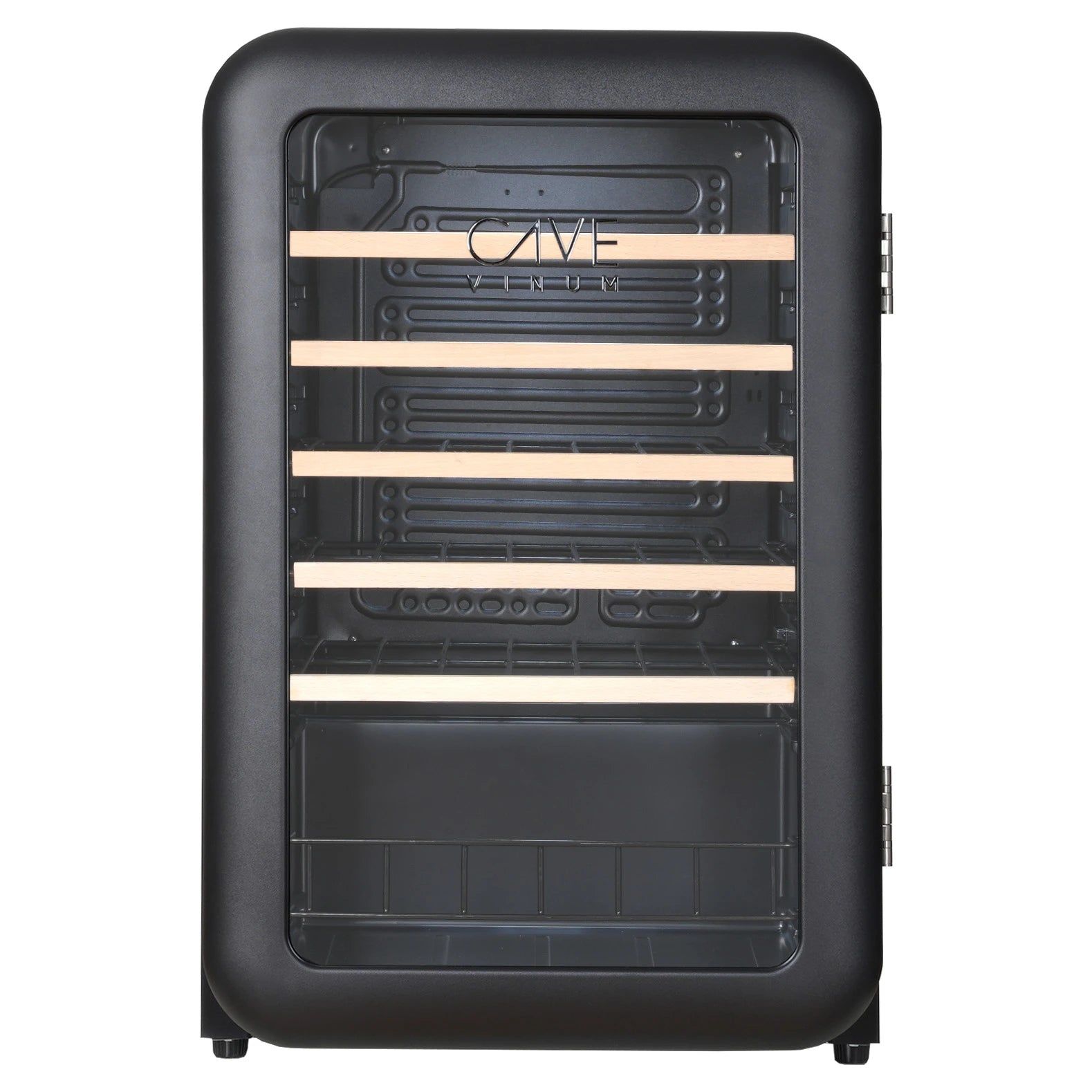 Vinoteca Cavevinum CV-45 para 45 botellas, con puerta de vidrio y estantes de madera en interior negro.
