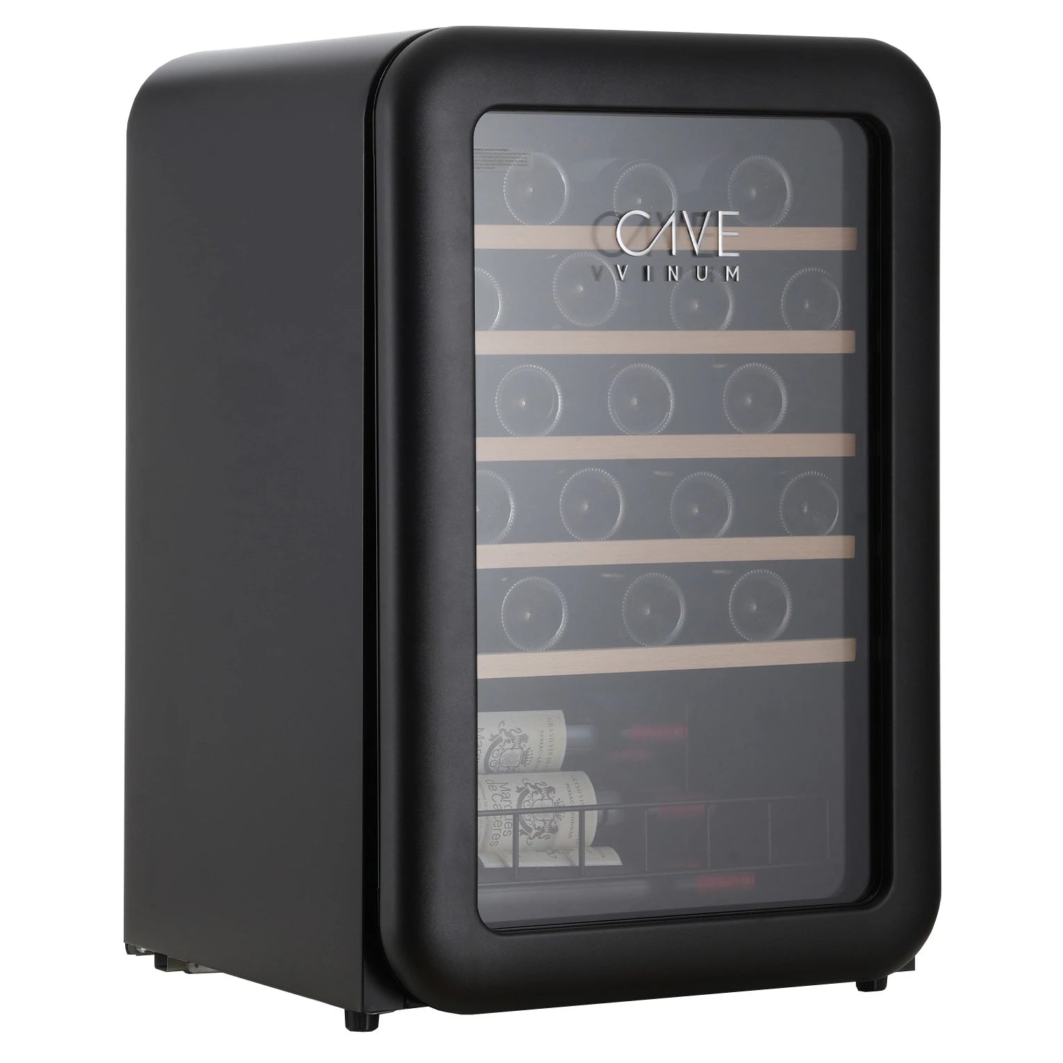 Vinoteca Cavevinum CV-45 con puerta de vidrio cerrada, vista en ángulo y botellas visibles en estantes de madera.
