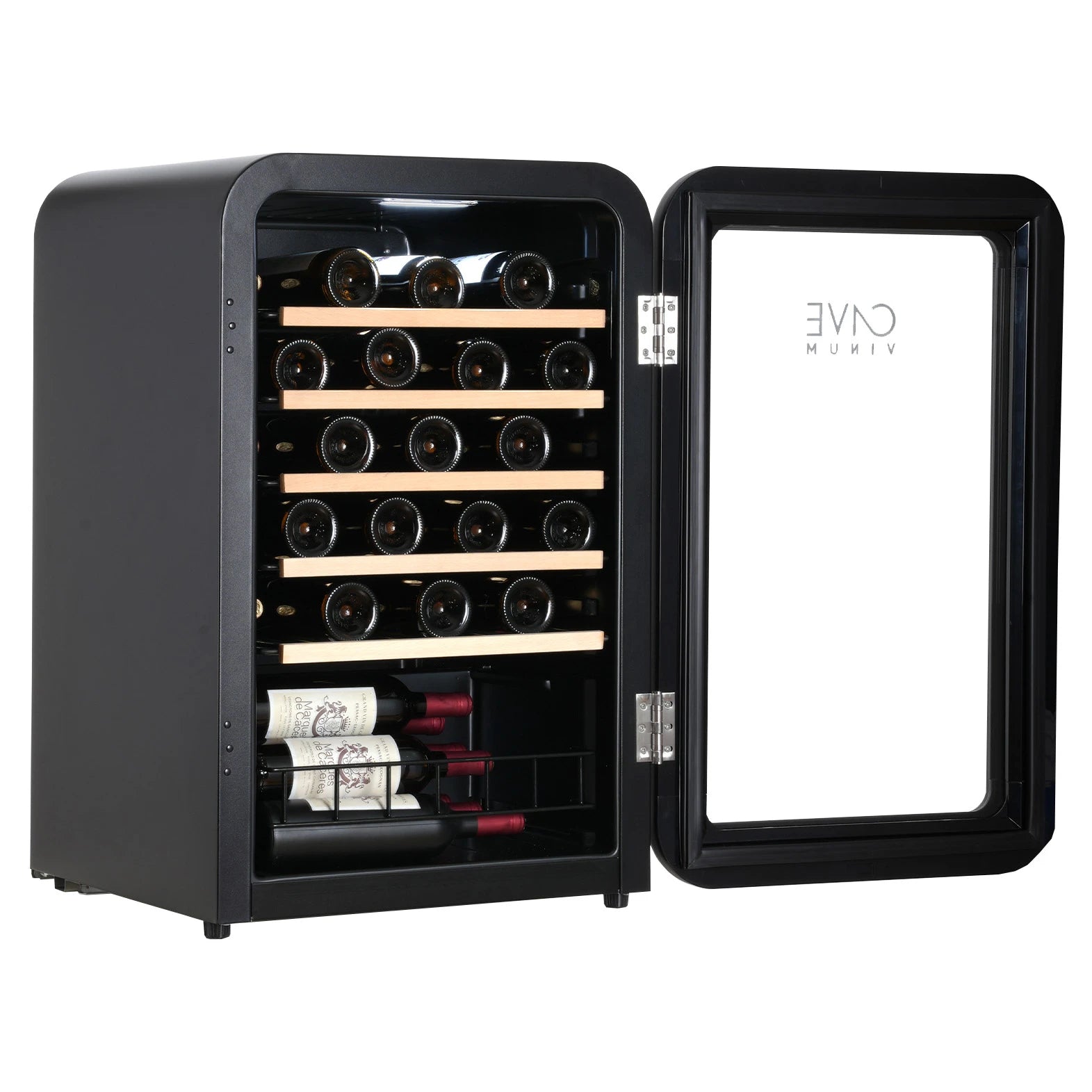 Vinoteca Cavevinum CV-45 con puerta abierta, botellas organizadas en estantes de madera y compartimento inferior.