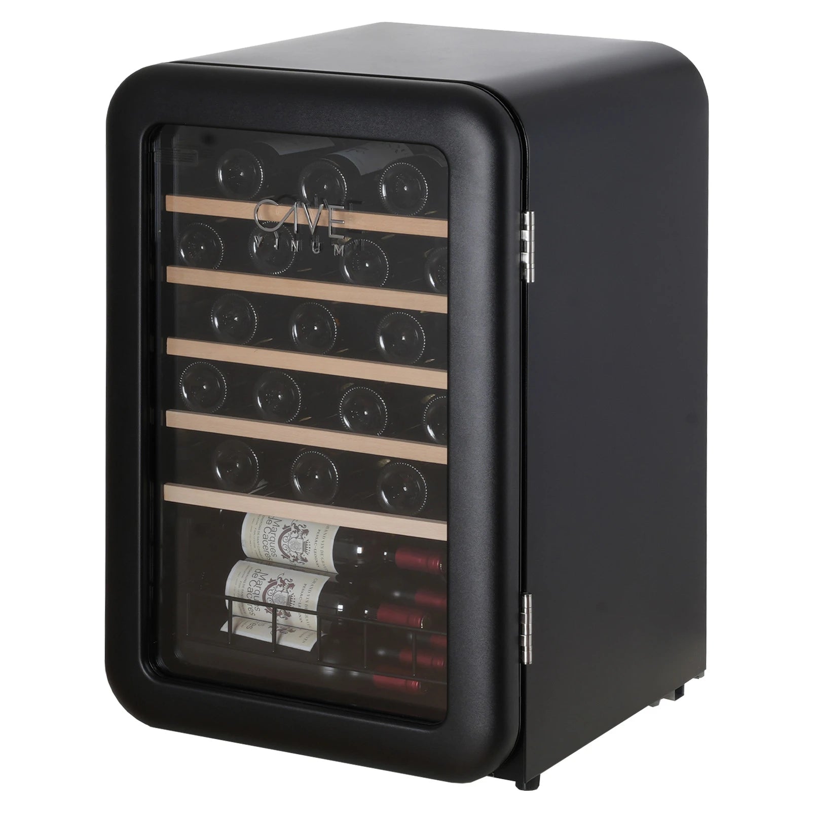Vinoteca Cavevinum CV-45 en vista lateral frontal, con puerta de vidrio y estantes de madera con botellas en su interior.