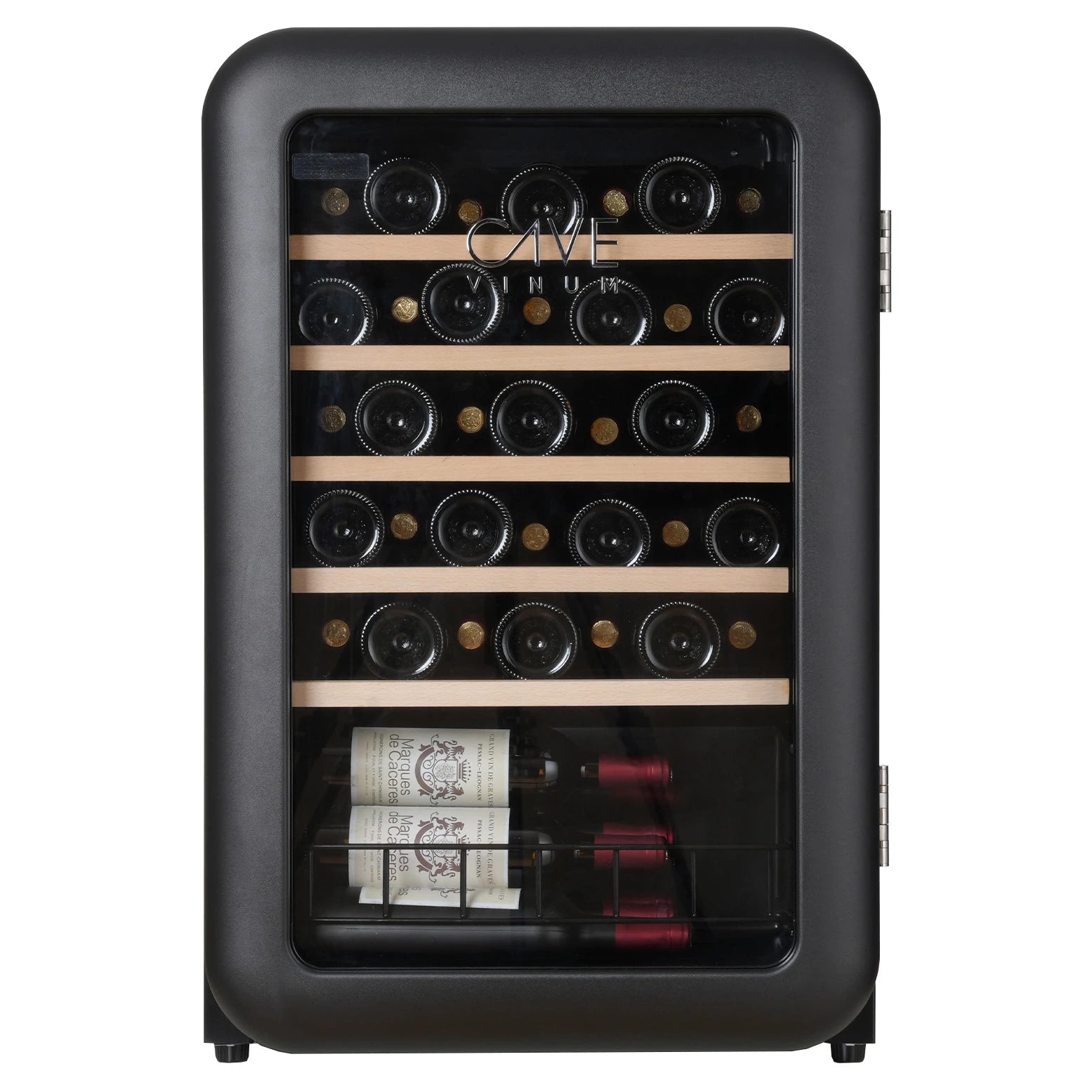 Vinoteca Cavevinum CV-45 con capacidad para 45 botellas, interior negro y estantes de madera con botellas visibles.