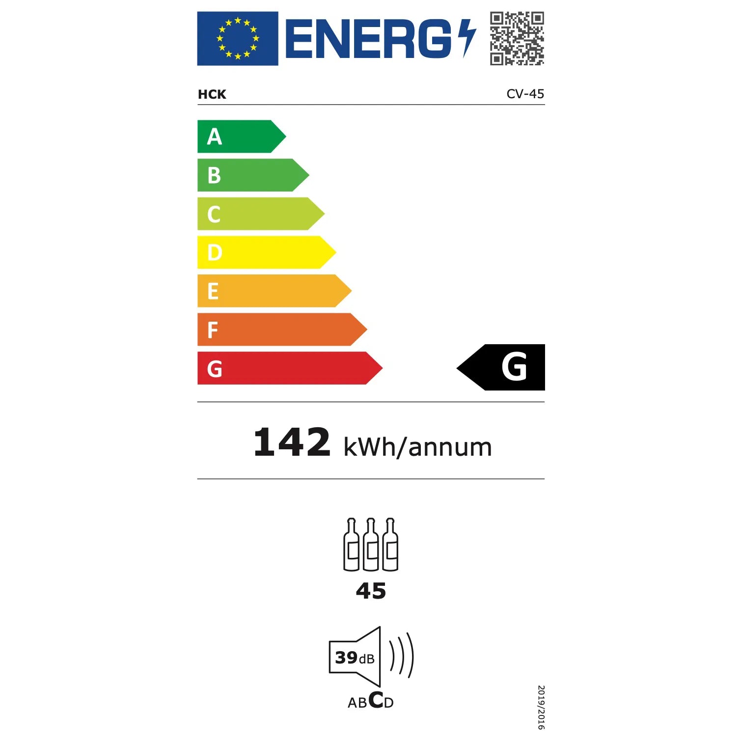 Etiqueta de eficiencia energética UE para vinoteca Cavevinum CV-45, clase G, consumo anual de 142 kWh, 45 botellas y 39 dB de ruido.