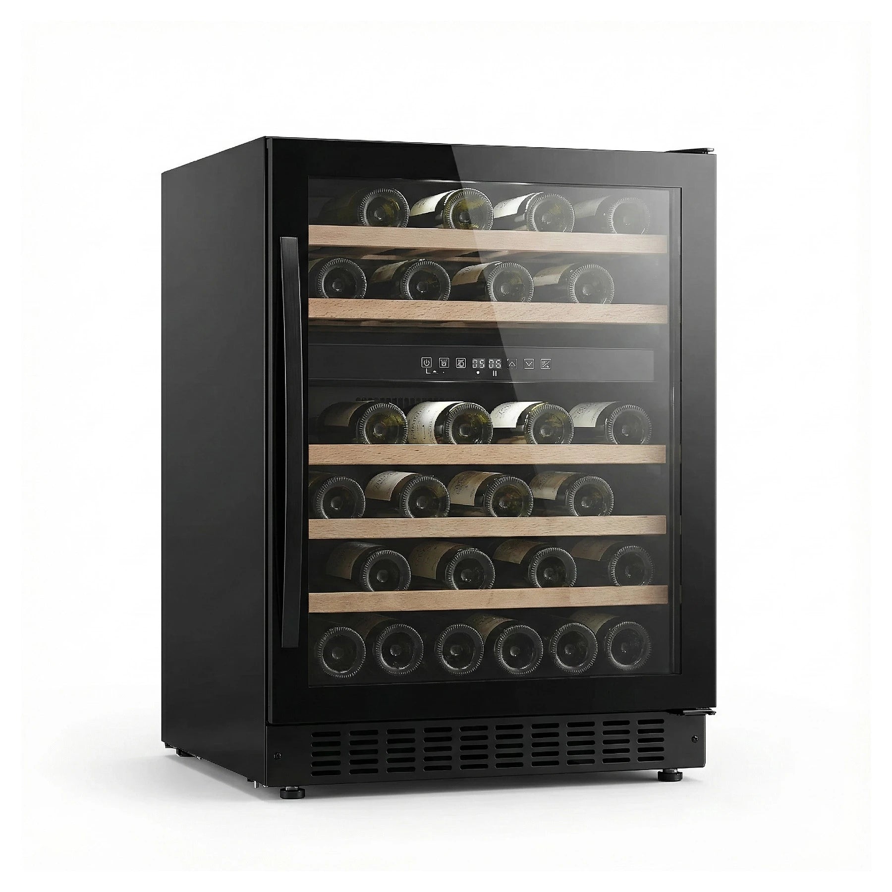 Vinoteca Caviss CLEN246TBE4 de 45 botellas, doble zona, vista del interior con estantes de madera.