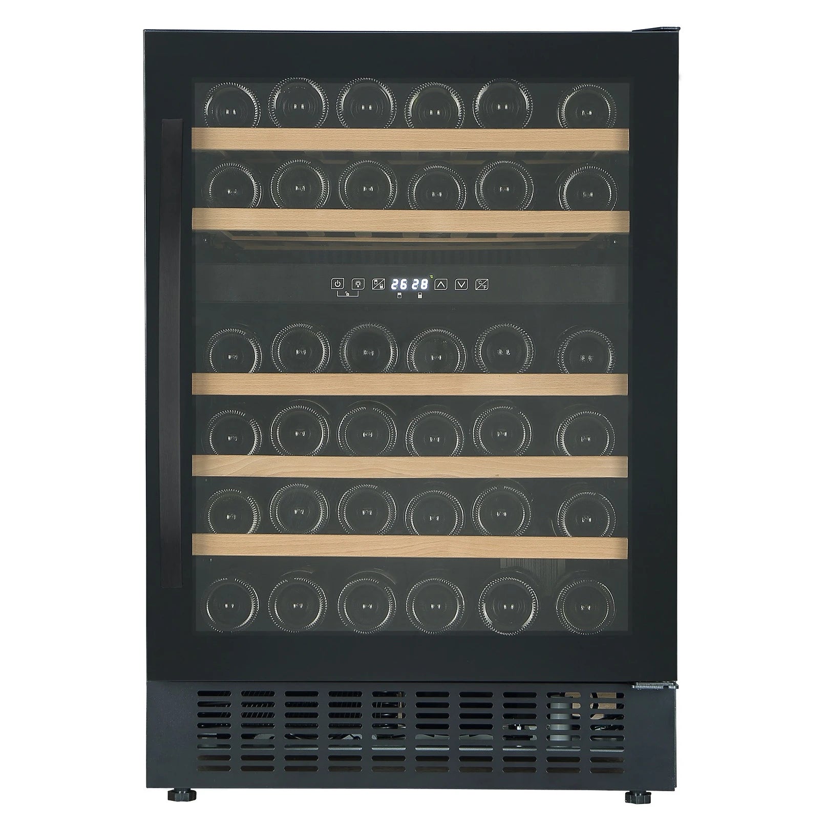 Vinoteca encastrable Caviss CLEN246TBE4 de 45 botellas, doble zona, bajo encimera, vista frontal del modelo negro.