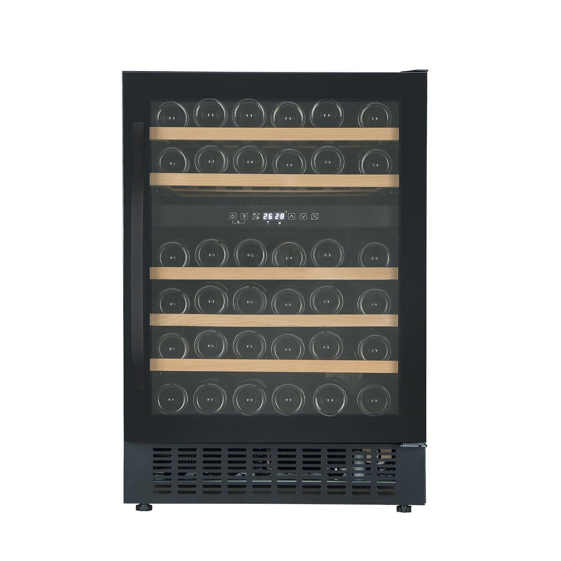 Vinoteca encastrable Caviss CLEN246TBE4 con capacidad para 45 botellas, diseño en negro con puerta de vidrio, estantes de madera y panel digital central; doble zona de temperatura visible en el interior.