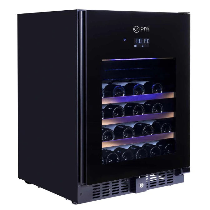 Cave Vinum CV-46-BL 2T PREMIUM, vinoteca de 46 botellas doble zona, detalle del interior con estantes telescópicos.