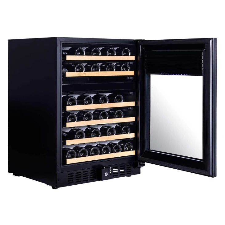 Vinoteca Cave Vinum CV-46-BL 2T PREMIUM de 46 botellas, doble zona, vista del equipo con puerta de cristal.