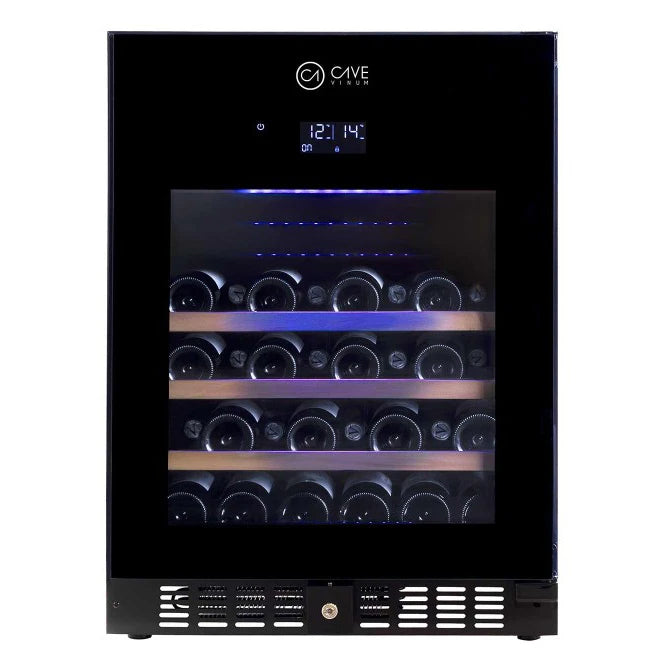 Vinoteca Cave Vinum CV-46-BL 2T PREMIUM de 46 botellas, doble zona, encastrable bajo encimera, vista frontal del modelo negro.