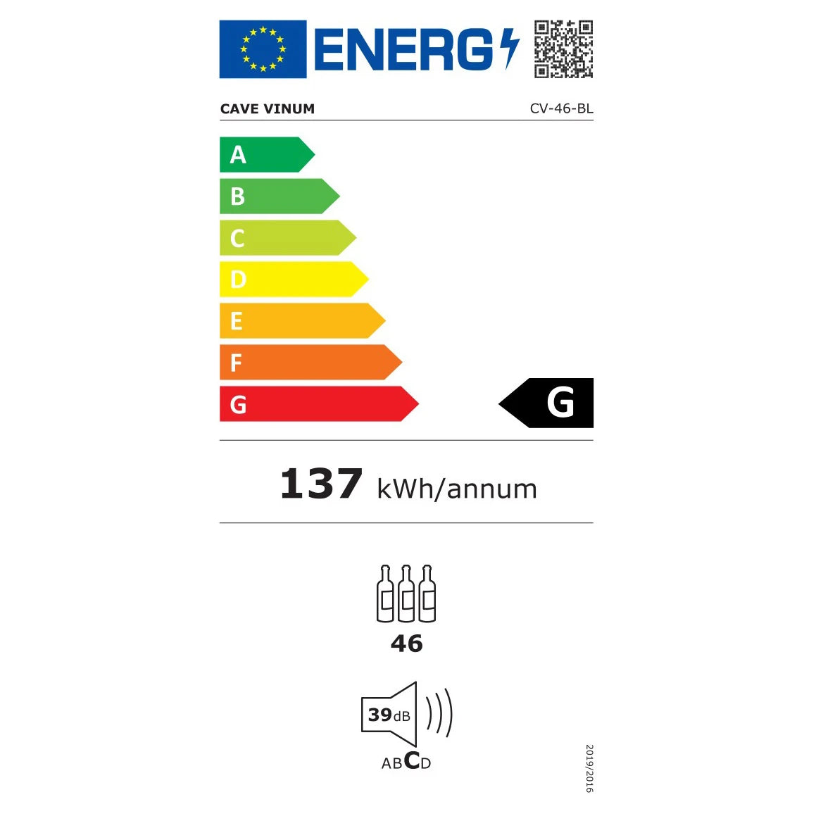 Etiqueta energética de la vinoteca Cave Vinum CV-46-BL PREMIUM de 46 botellas, clase G y consumo anual de 137 kWh.