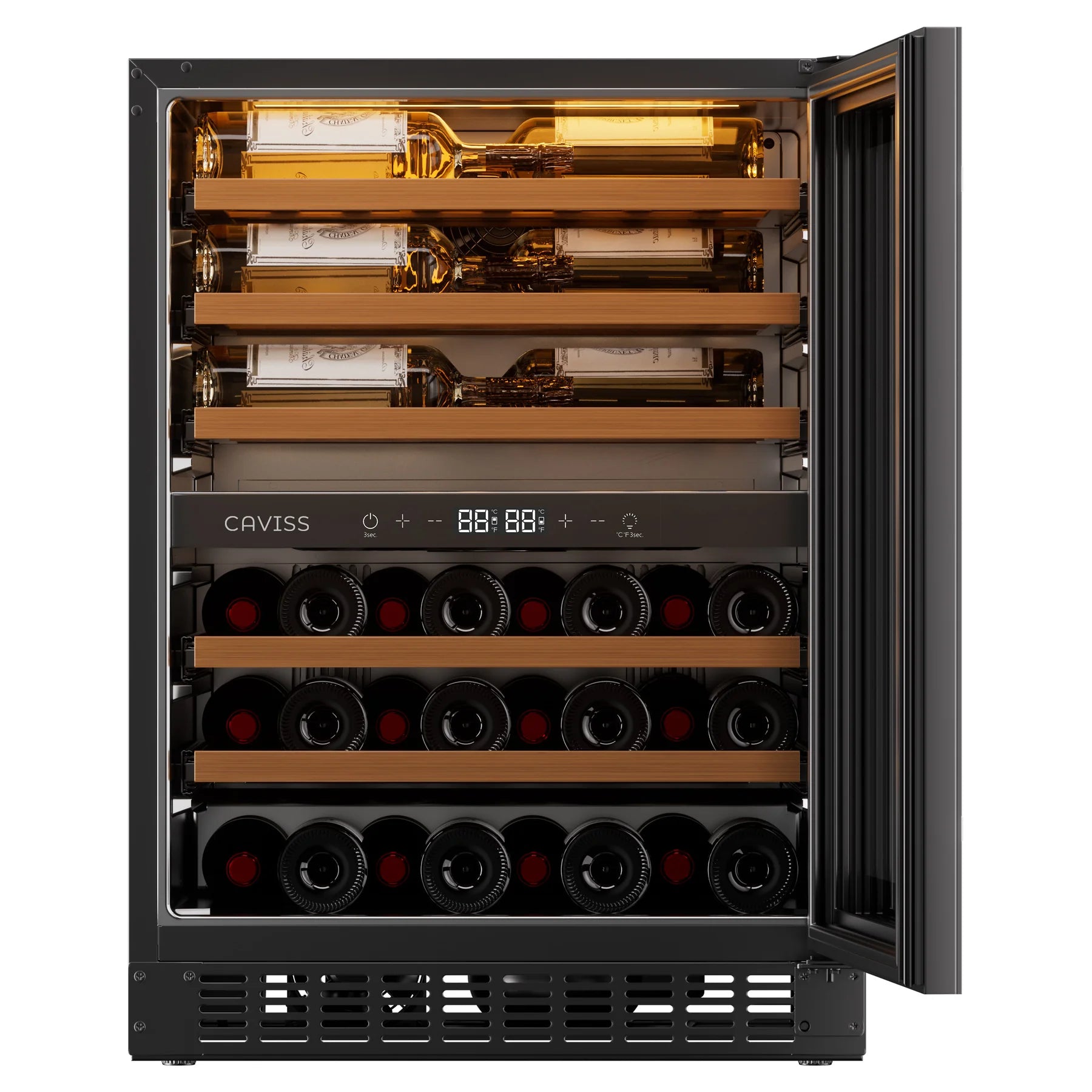 Vinoteca Caviss CT2SP46H82N60 abierta y llena de botellas, vista frontal
