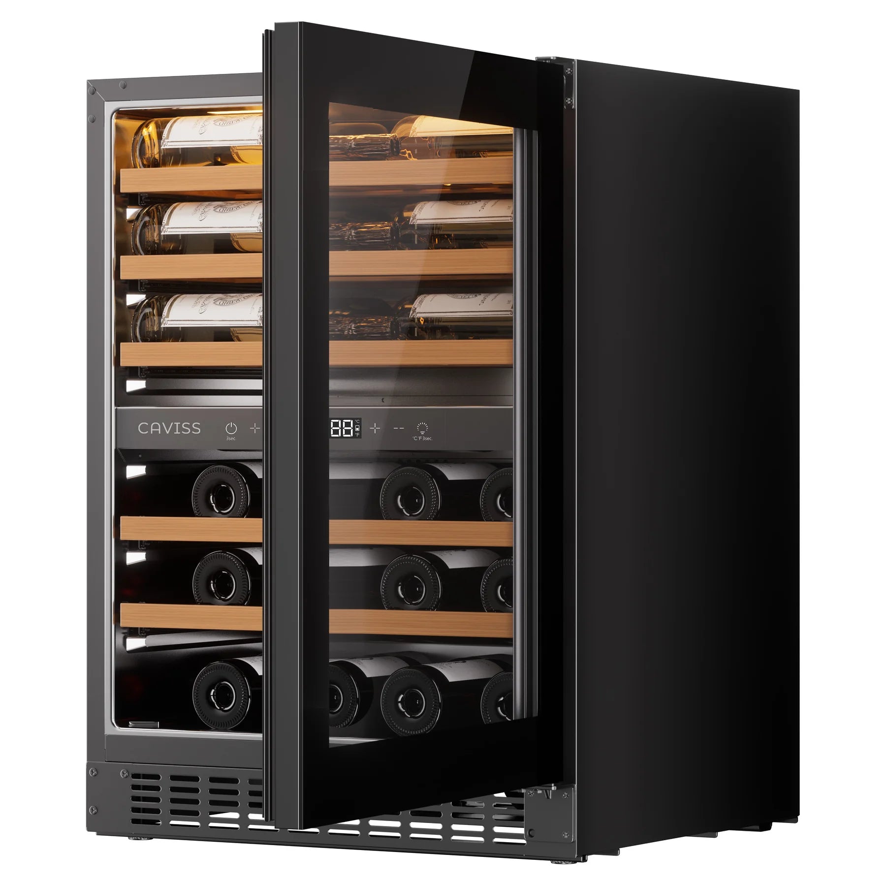 Vinoteca Caviss CT2SP46H82N60 cerrada y llena, vista de tres cuartos