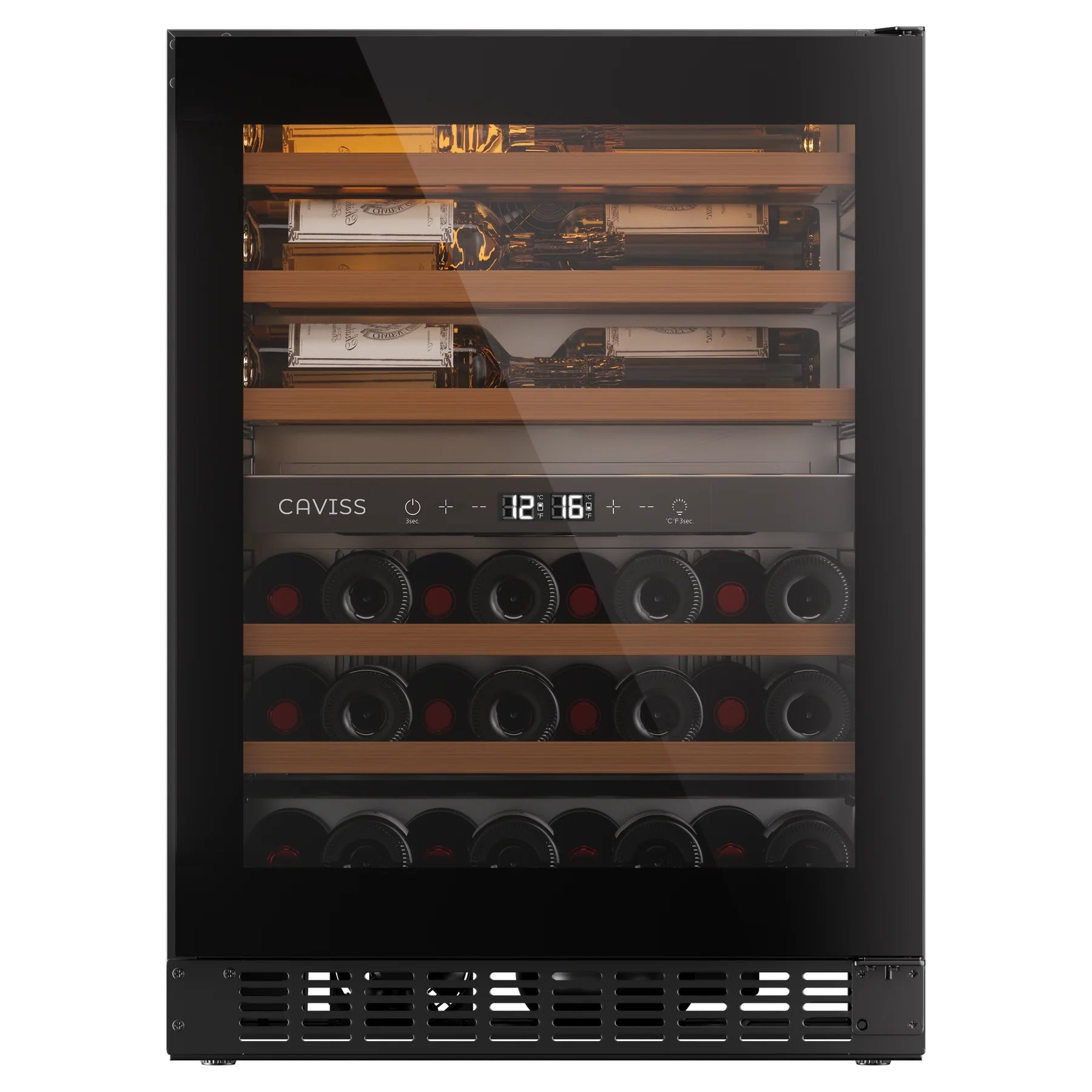 Vinoteca Caviss CT2SP46H82N60 cerrada con botellas en el interior, vista frontal