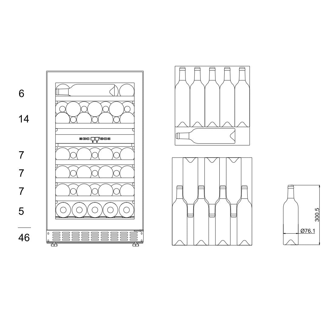 Diagrama técnico de la vinoteca mQuvée WineCave 800 50D mostrando la distribución interna de las 46 botellas en diferentes estantes y medidas de una botella estándar de 300,5 mm de alto por 76,1 mm de diámetro.