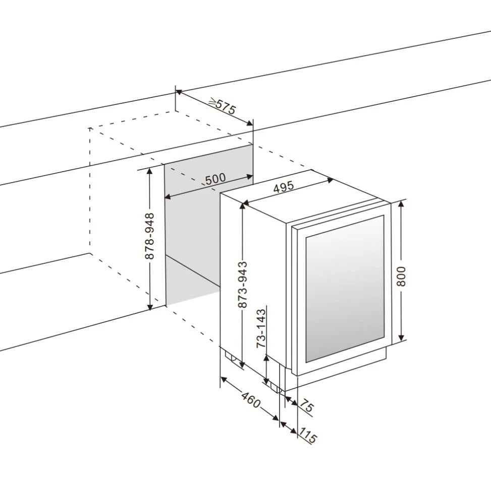 Esquema de instalación de vinoteca mQuvée con indicaciones de altura, ancho y profundidad requeridas para su colocación en un mueble empotrado, incluyendo espacio libre para ventilación.