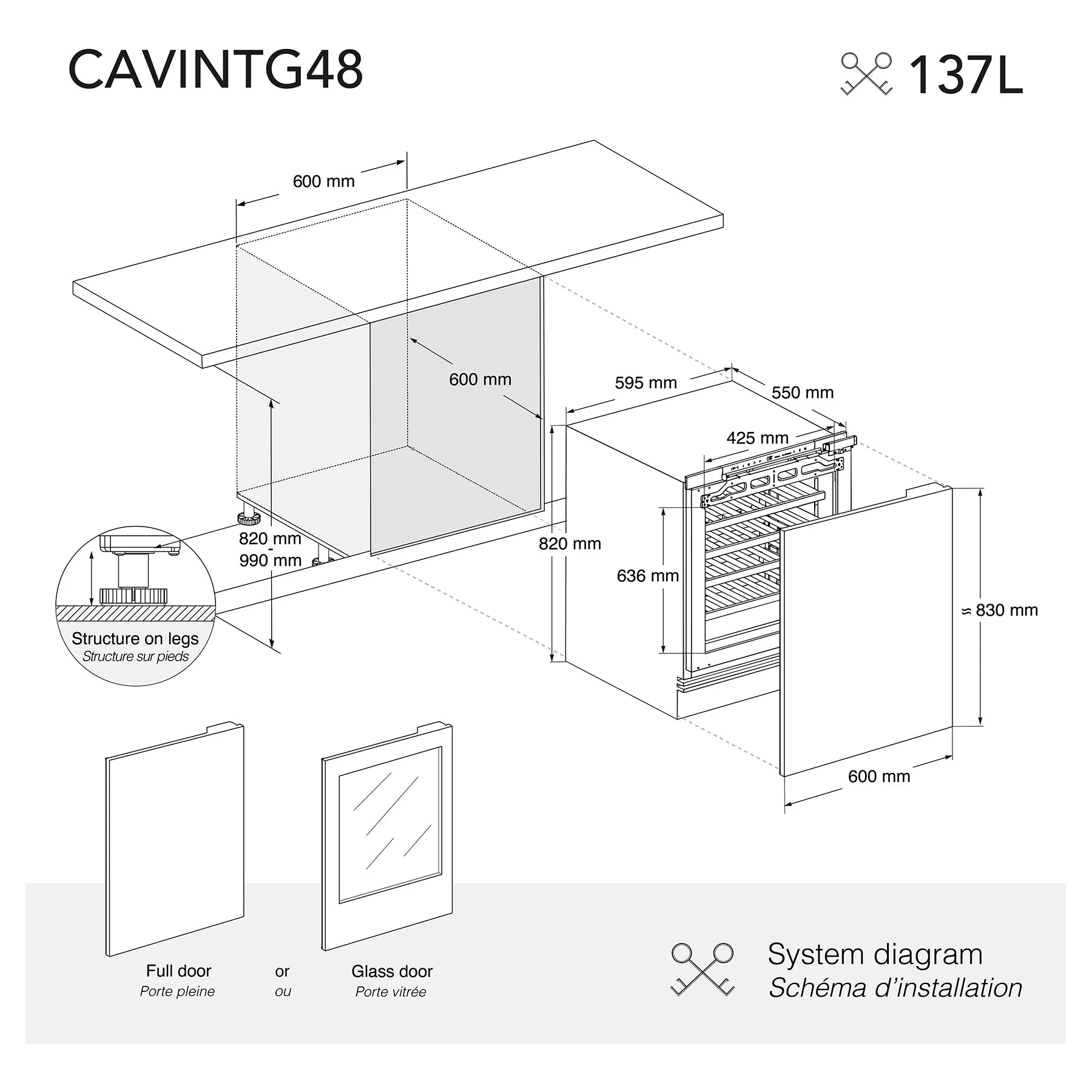 Diagrama técnico de instalación para vinoteca CAVINTG48 con capacidad de 137 litros, mostrando dimensiones del nicho, medidas del equipo y compatibilidad con puertas de panel sólido o con vidrio.
