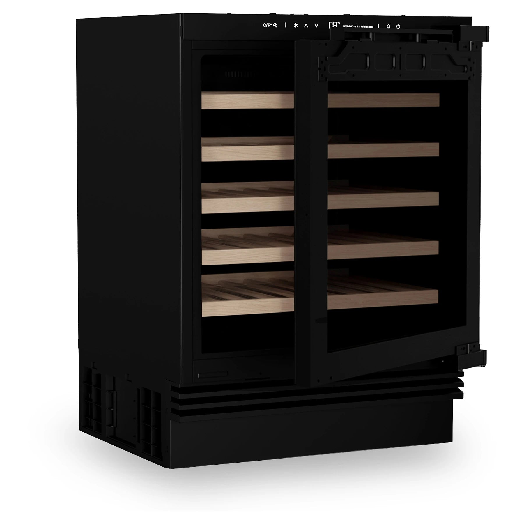 Vinoteca empotrable de 48 botellas en vista lateral con la puerta de vidrio abierta, mostrando seis repisas de madera clara.