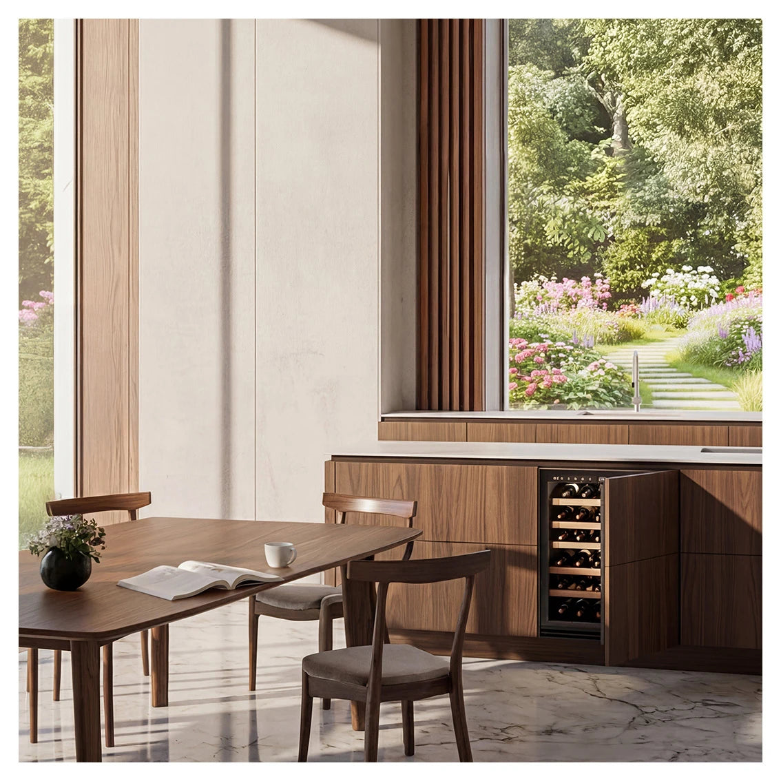 Cocina y comedor de estilo escandinavo con mobiliario de madera y vinoteca empotrada parcialmente abierta, junto a una gran ventana con vista a un jardín florido.