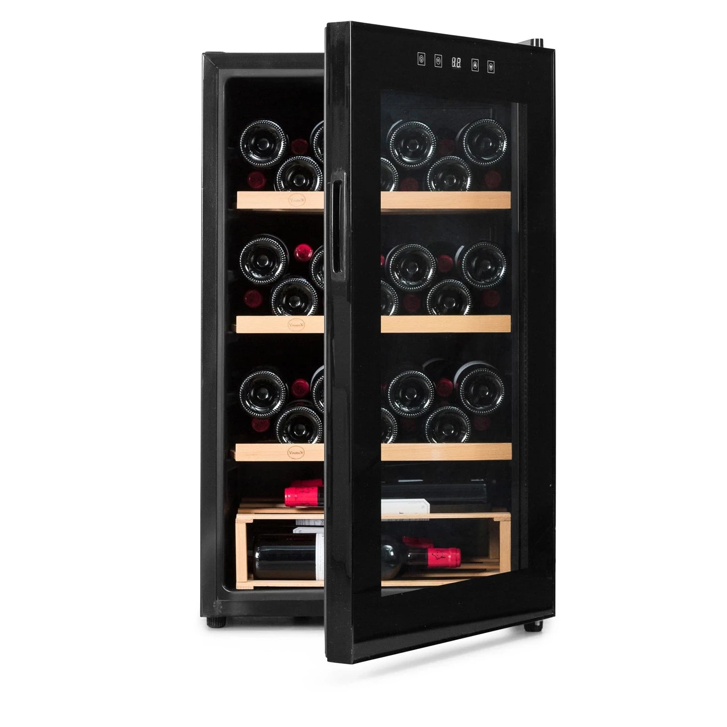 Vinoteca Vinobox 48 Pro con puerta parcialmente abierta, dejando ver las botellas en su interior y el diseño elegante del electrodoméstico.