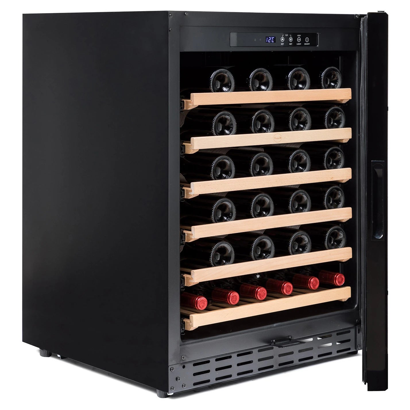 Interior de la vinoteca Vinobox V50 GC 1T Black con seis bandejas de madera extraibles.