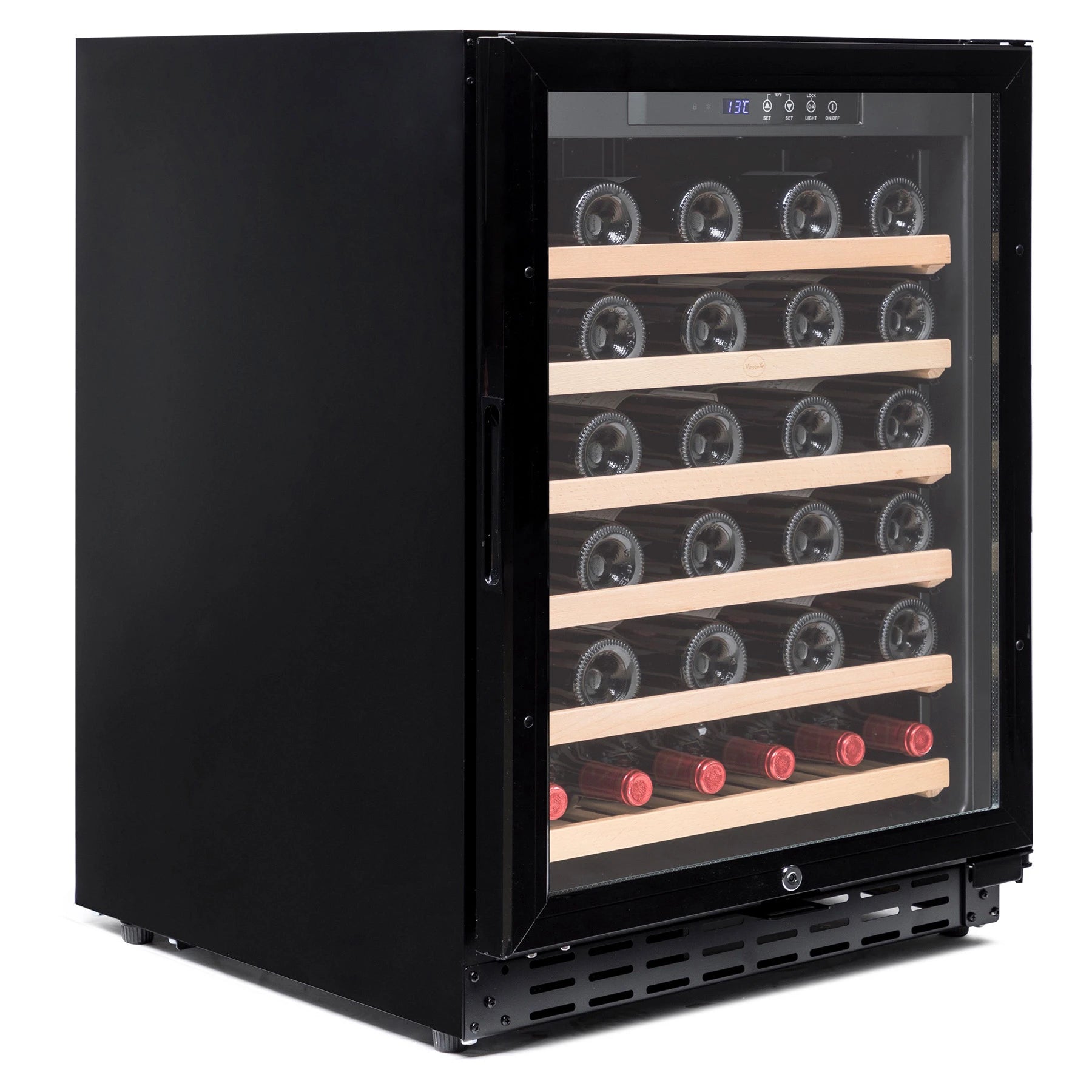 Detalle de la vinoteca Vinobox V50 GC 1T Black con puerta de doble cristal anti UV.