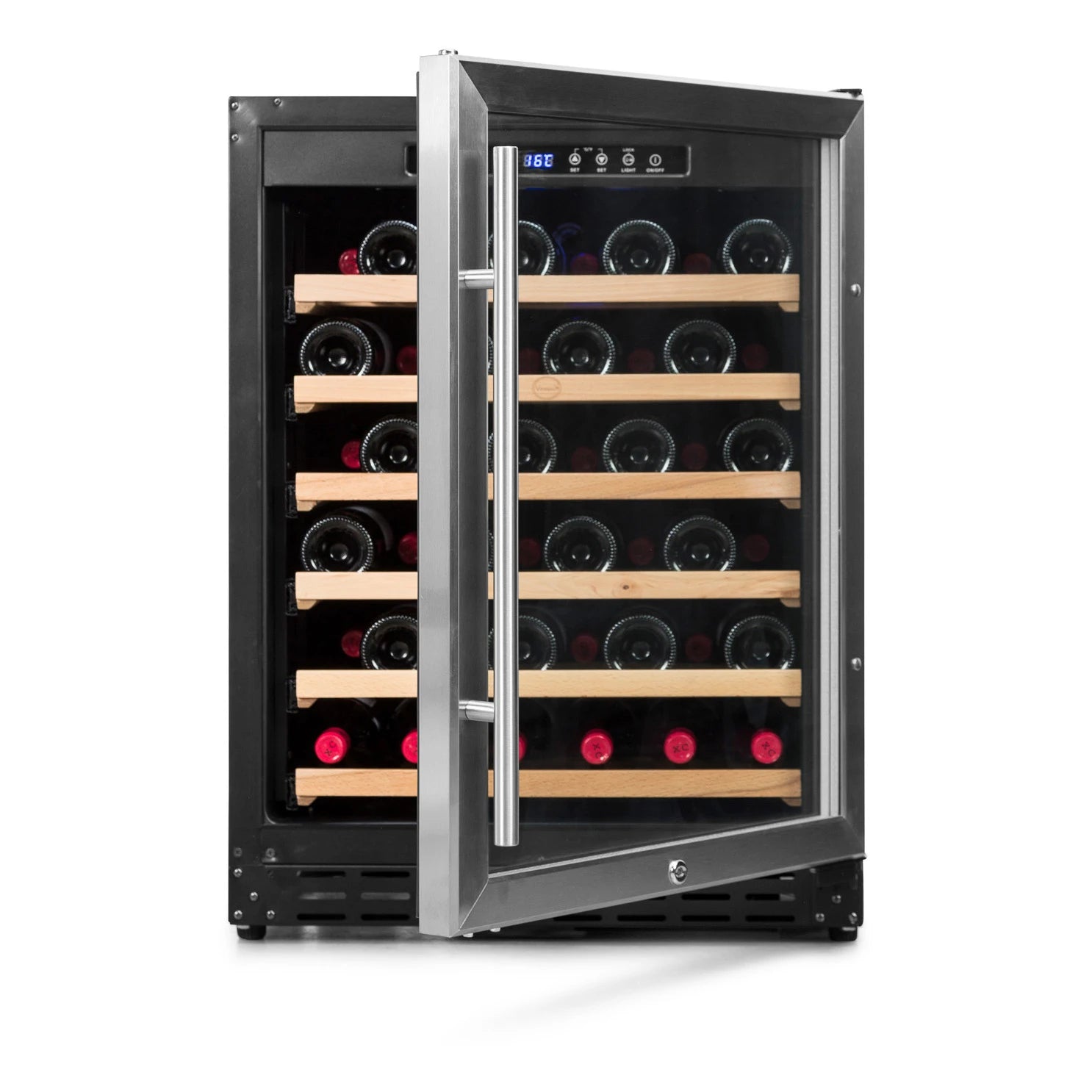 Vinoteca Vinobox V50 GC 1T Inox con puerta abierta y bandejas de madera extraibles.