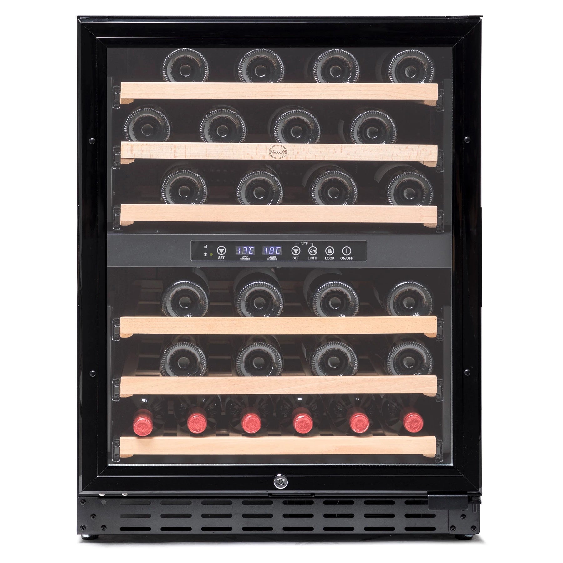 Vinoteca Vinobox V50 GC 2T Black encastrable de 50 botellas con doble zona y puerta de cristal negra.