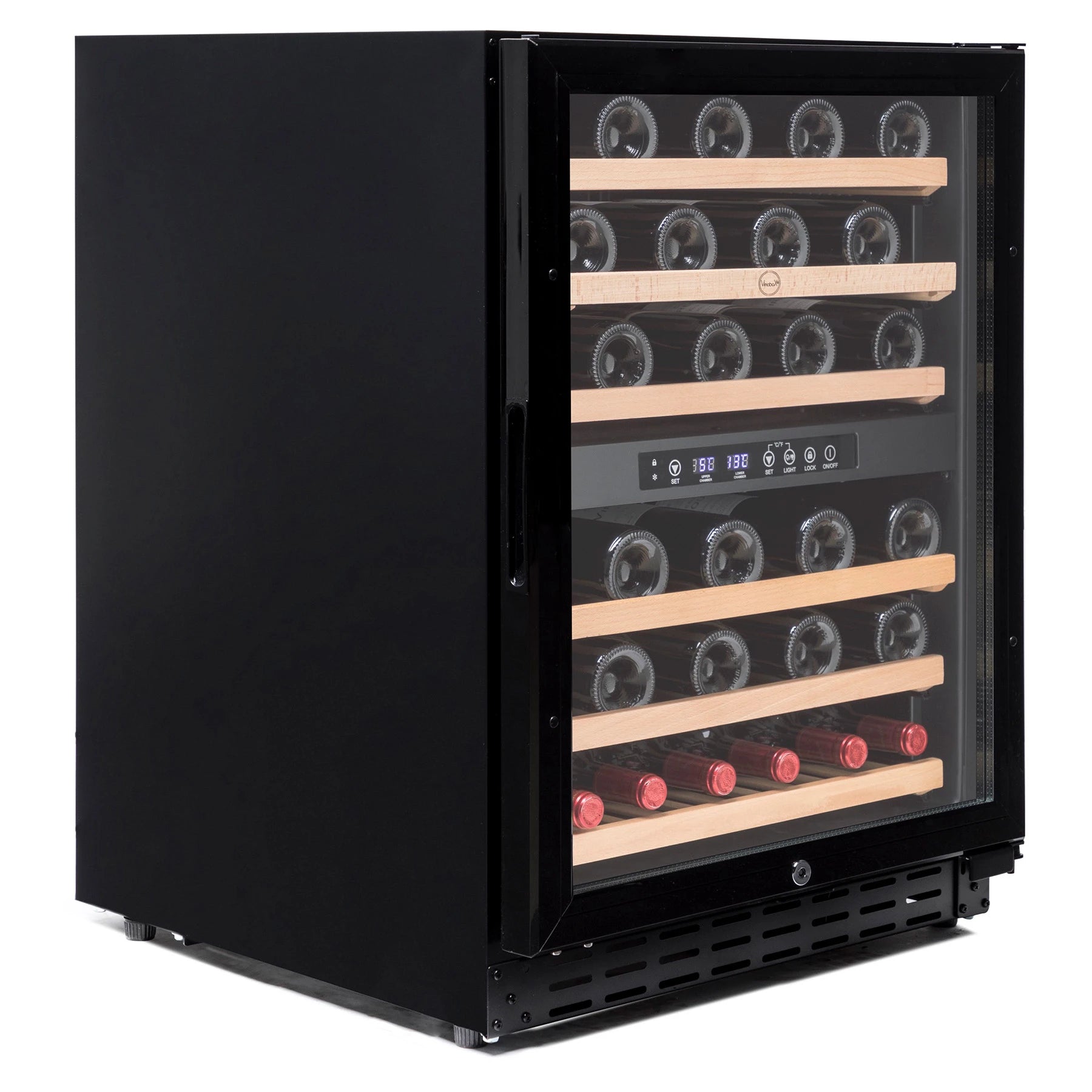 Interior de la vinoteca Vinobox V50 GC 2T Black con doble zona y seis bandejas de madera.