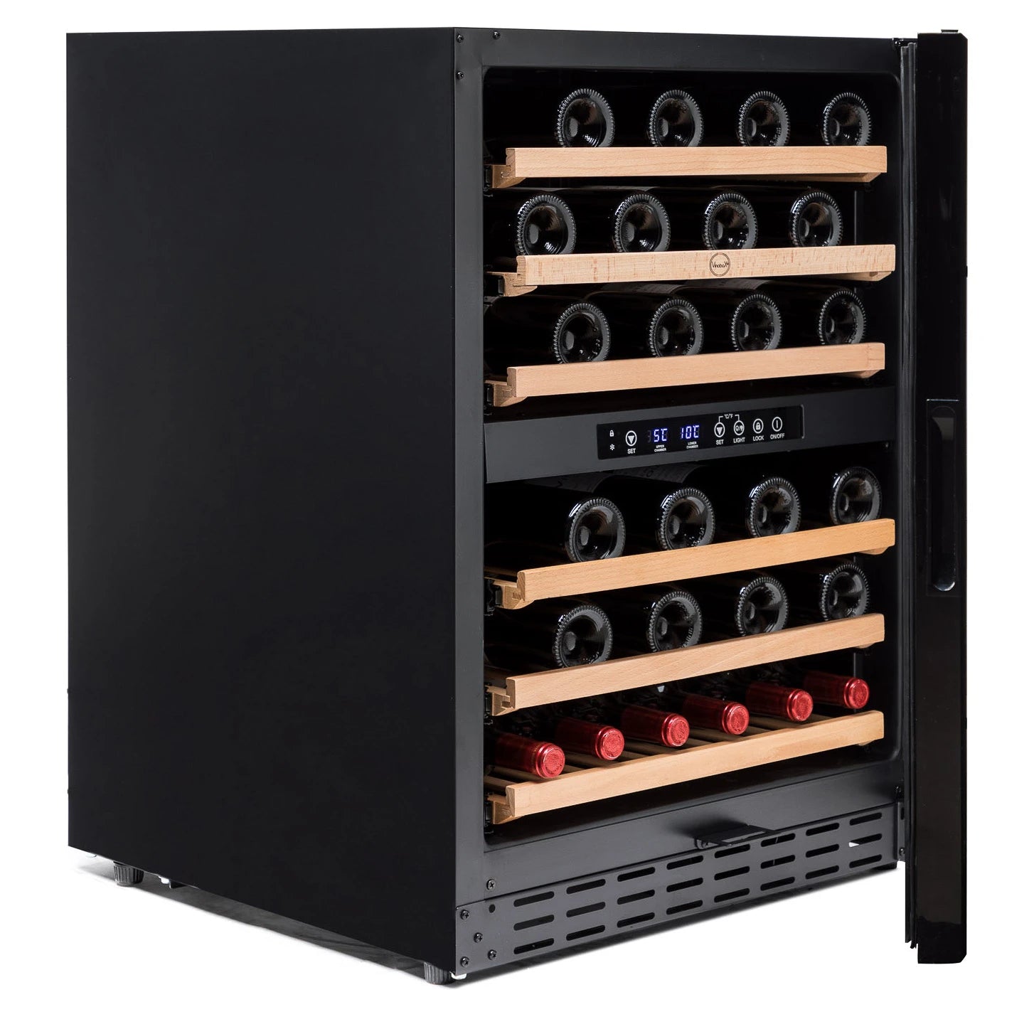 Detalle de la vinoteca Vinobox V50 GC 2T Black con puerta de doble cristal anti UV y acabado negro.