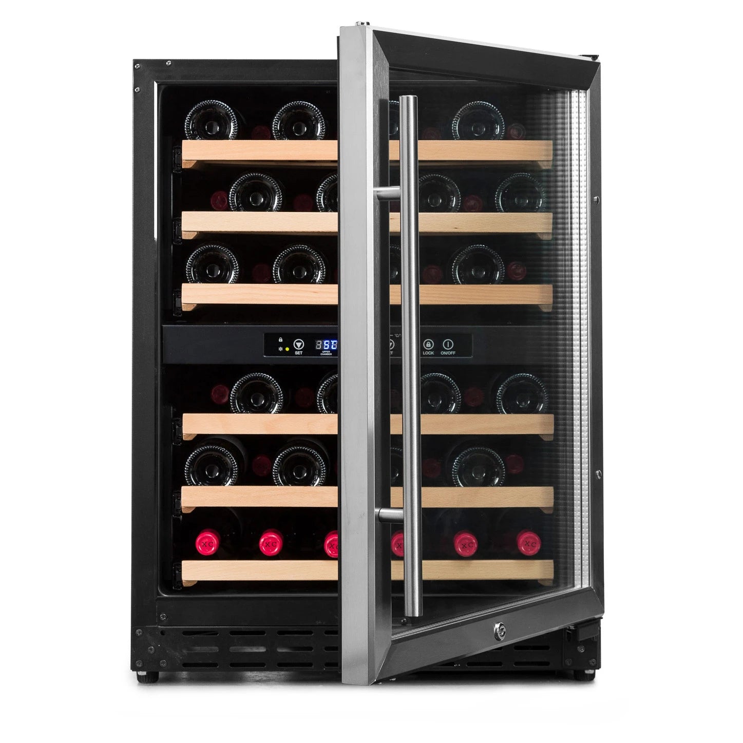 Vinoteca Vinobox V50 GC 2T Inox con puerta abierta y bandejas de madera para botellas.