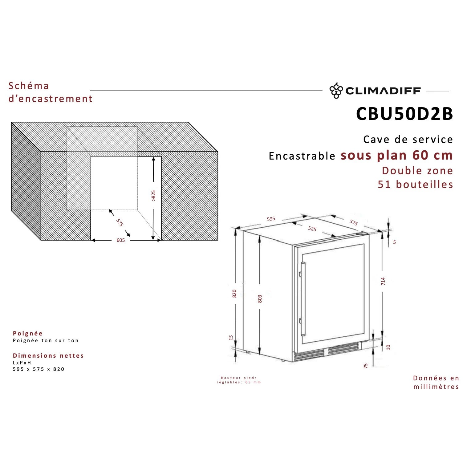 Esquema técnico de instalación para la vinoteca empotrable Climadiff CBU50D2B, con medidas en milímetros. Se indica su encastre bajo encimera de 60 cm, capacidad para 51 botellas y doble zona de temperatura. Incluye dimensiones externas: 595 mm de ancho, 575 mm de fondo y 820 mm de alto.