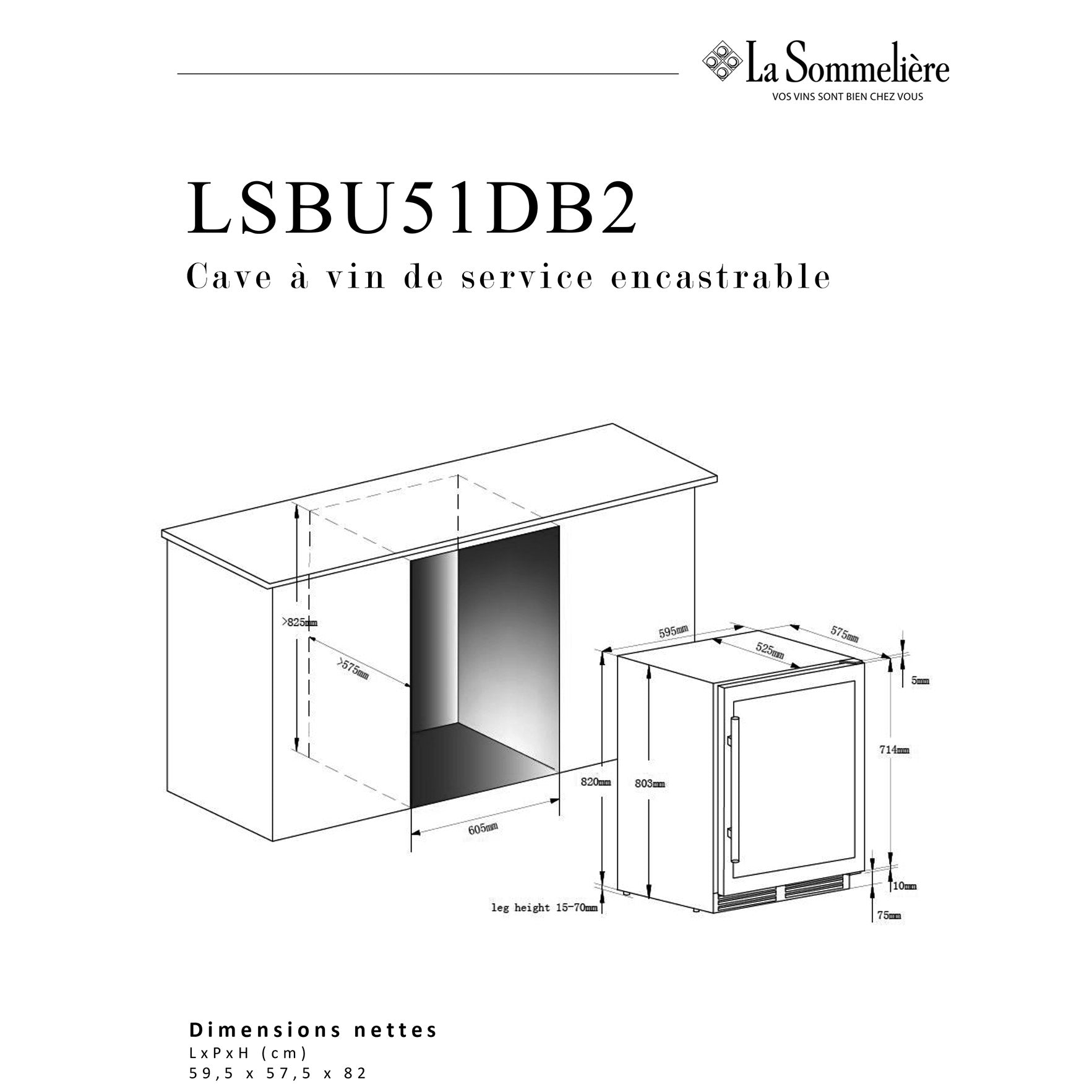 Diagrama técnico de la Vinoteca encastrable 51 botellas La Sommelière LSBU51DB2 doble zona mostrando capacidad, tipos de estantes y dimensiones.