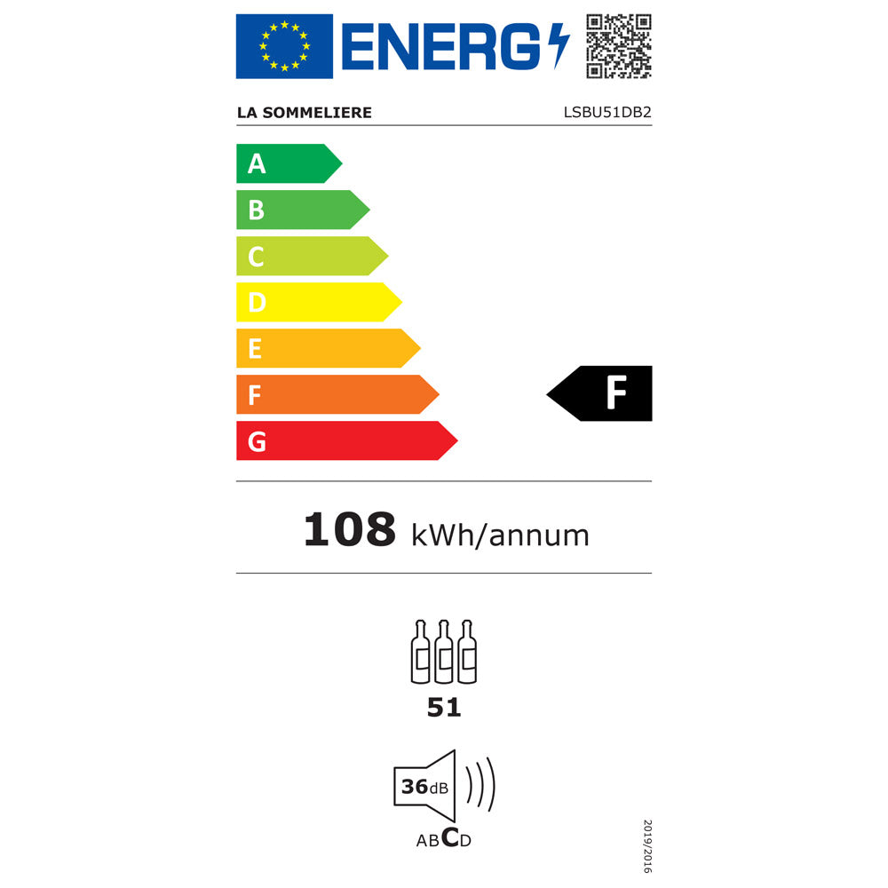 Etiqueta de eficiencia energética de la Vinoteca encastrable 51 botellas La Sommelière LSBU51DB2 doble zona con detalles de consumo y clasificación.