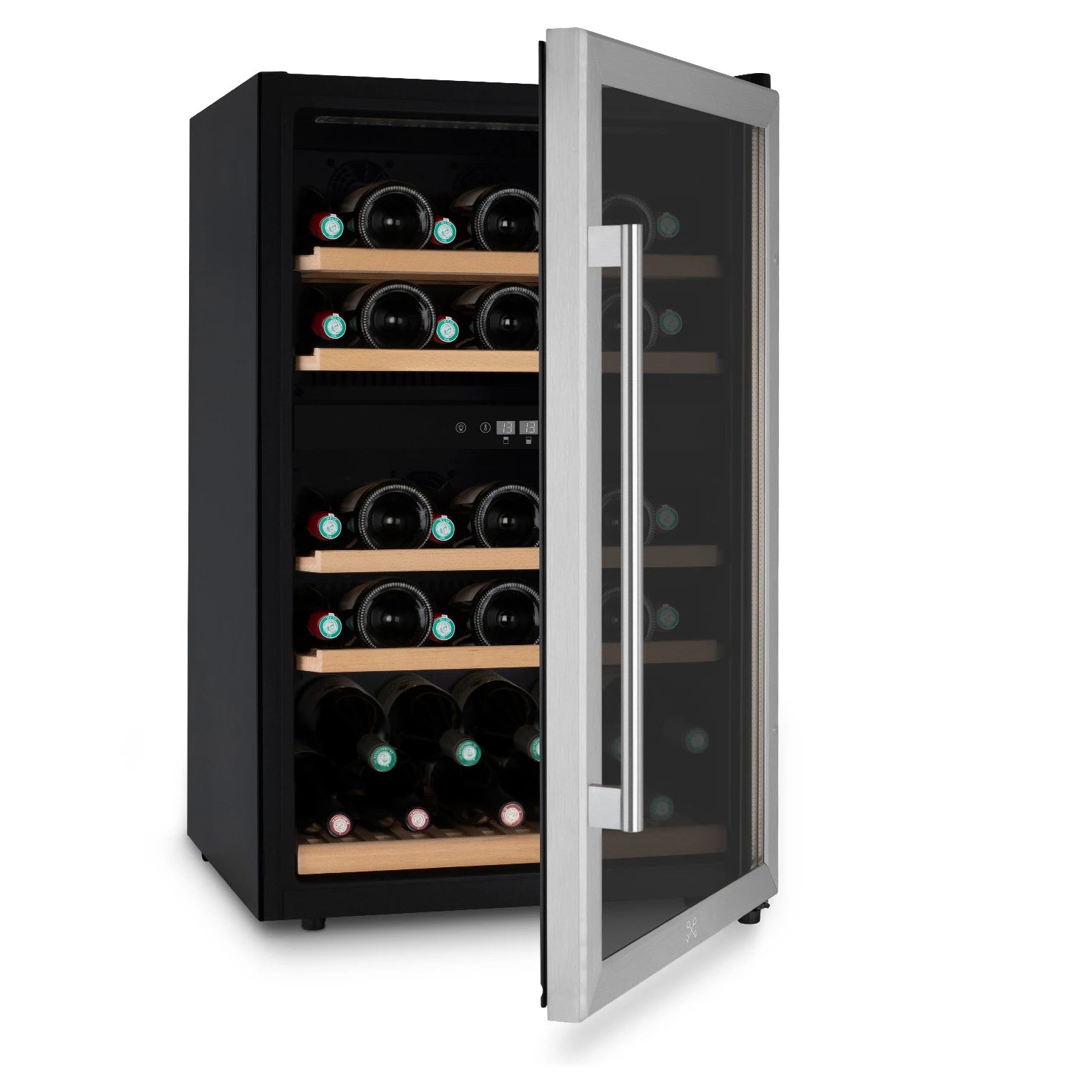 Vinoteca Les Petits Champs CAVCD53 con puerta entreabierta y marco en acabado inox, mostrando estantes de madera y botellas en su interior.