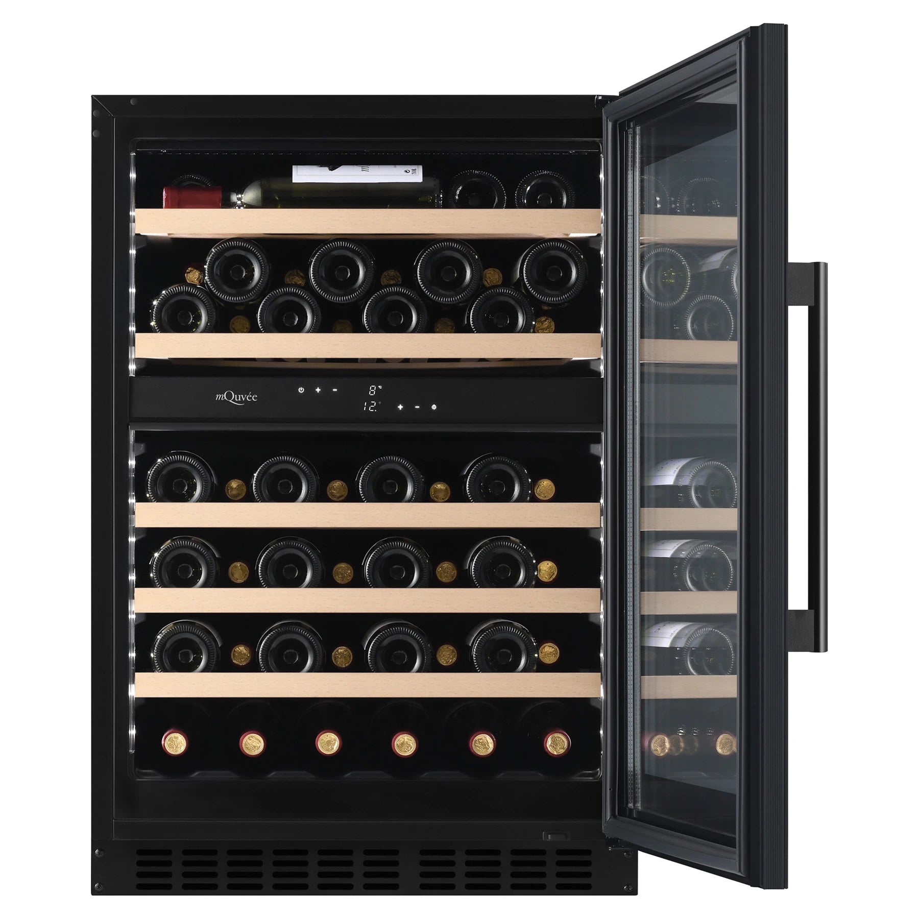 Vista de la puerta Fullglass negra de la vinoteca mQuvée WineCave 800 60D