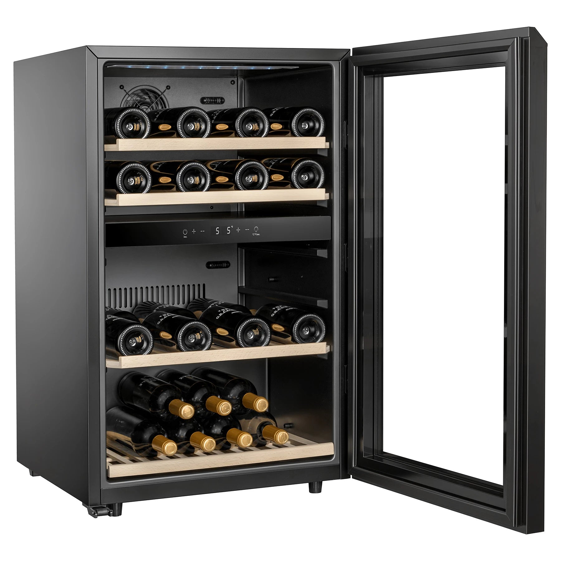 Detalle de estantes de madera de la vinoteca La Réserve RWC254FN1 para botellas de vino