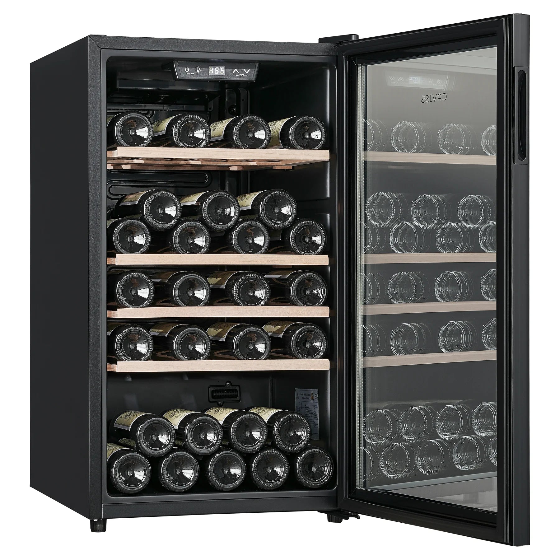 Vinoteca Caviss CT1PL56CB abierta y llena de botellas, vista de tres cuartos