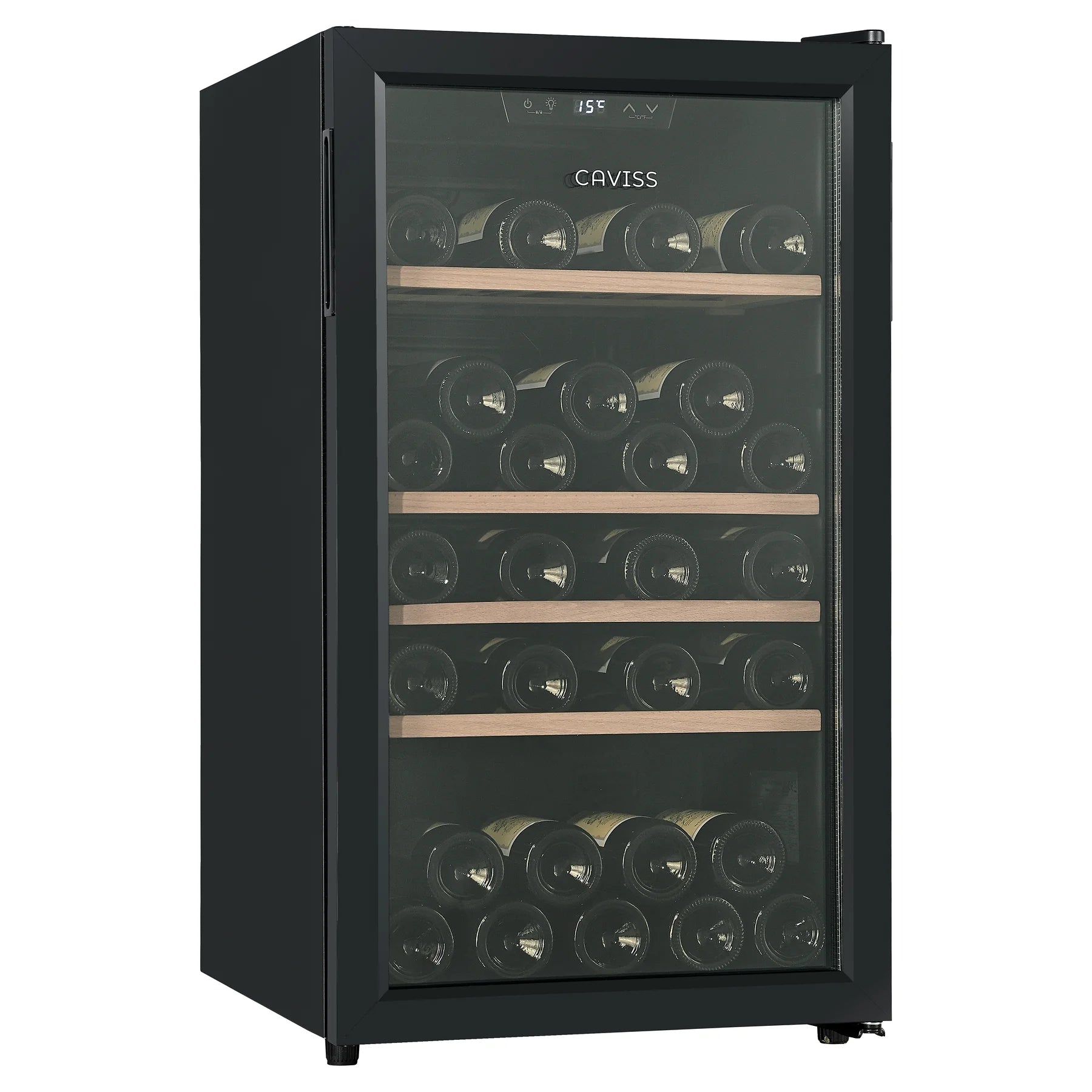 Vinoteca Caviss CT1PL56CB cerrada con botellas en el interior, vista de tres cuartos