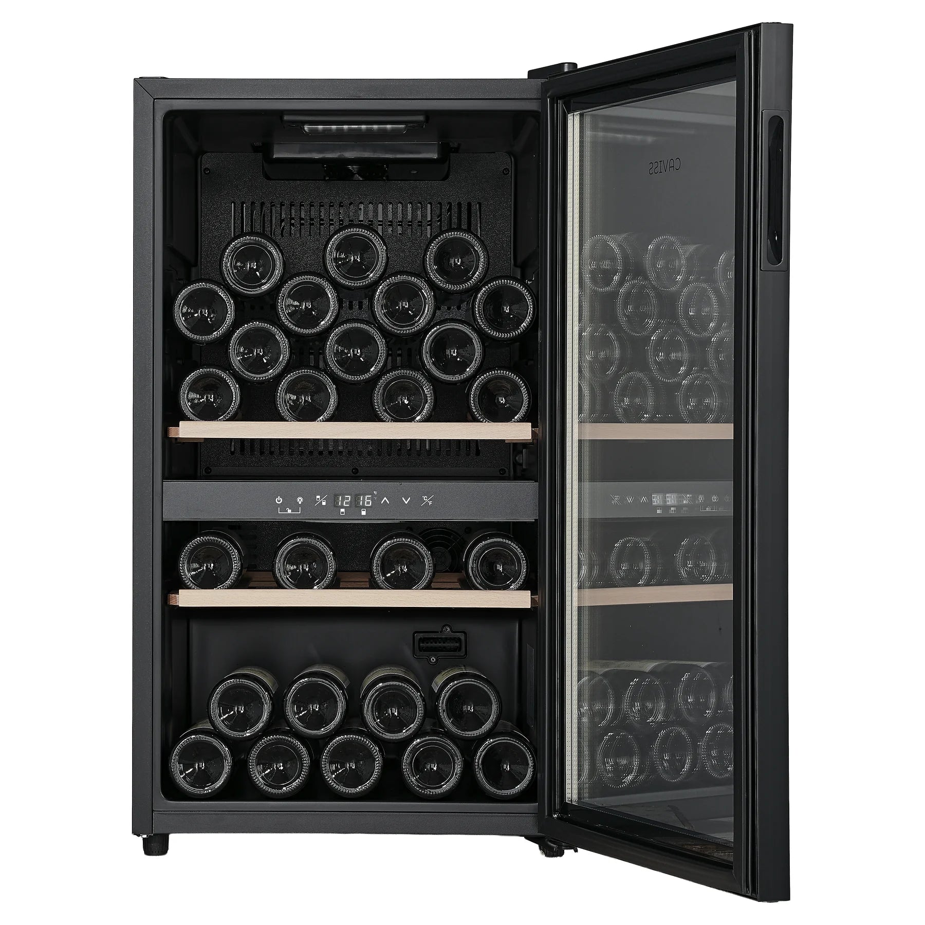Vinoteca Caviss CT2PL56CB abierta con las dos zonas llenas de botellas