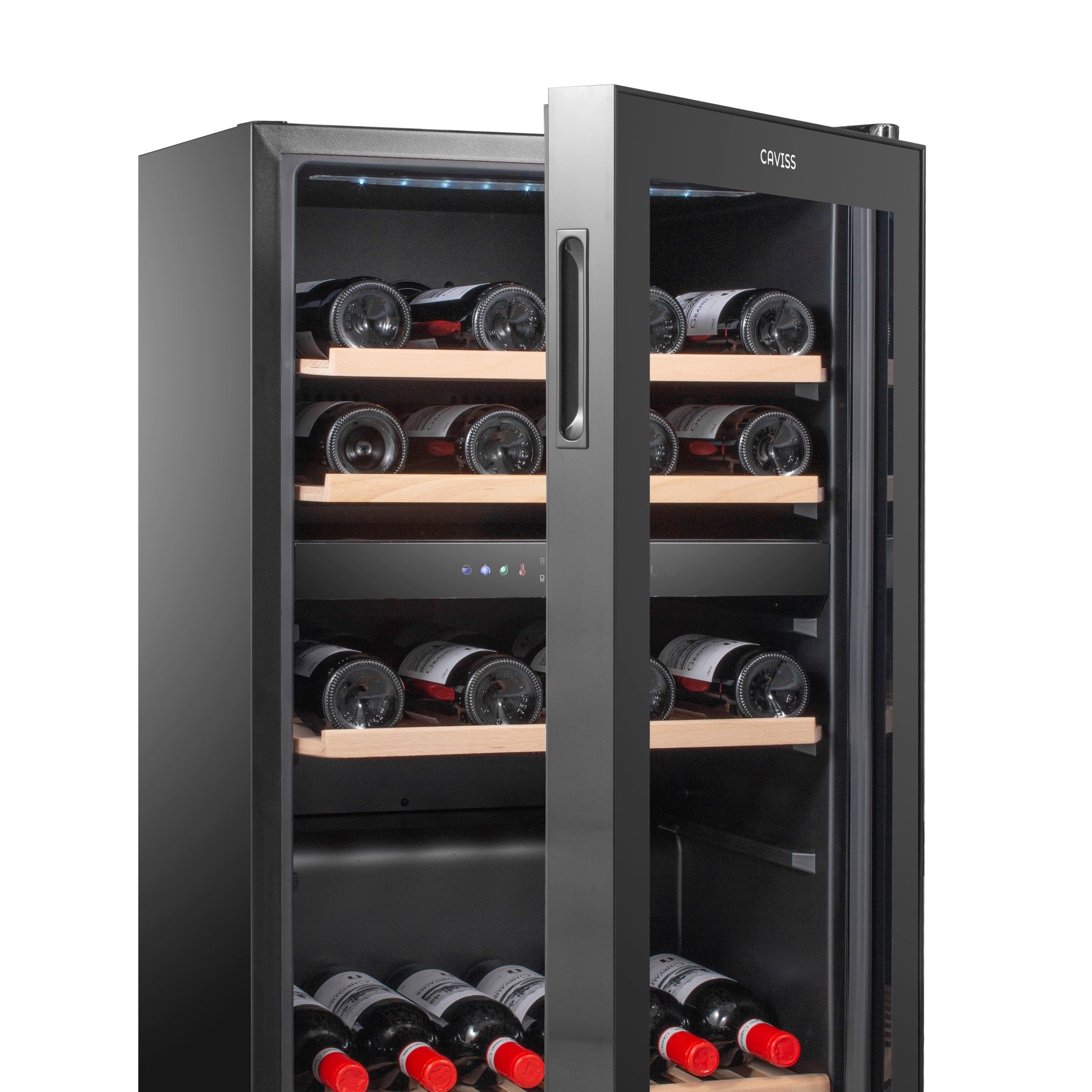 Vinoteca doble zona 59 botellas Caviss C259CBEG detalle puerta