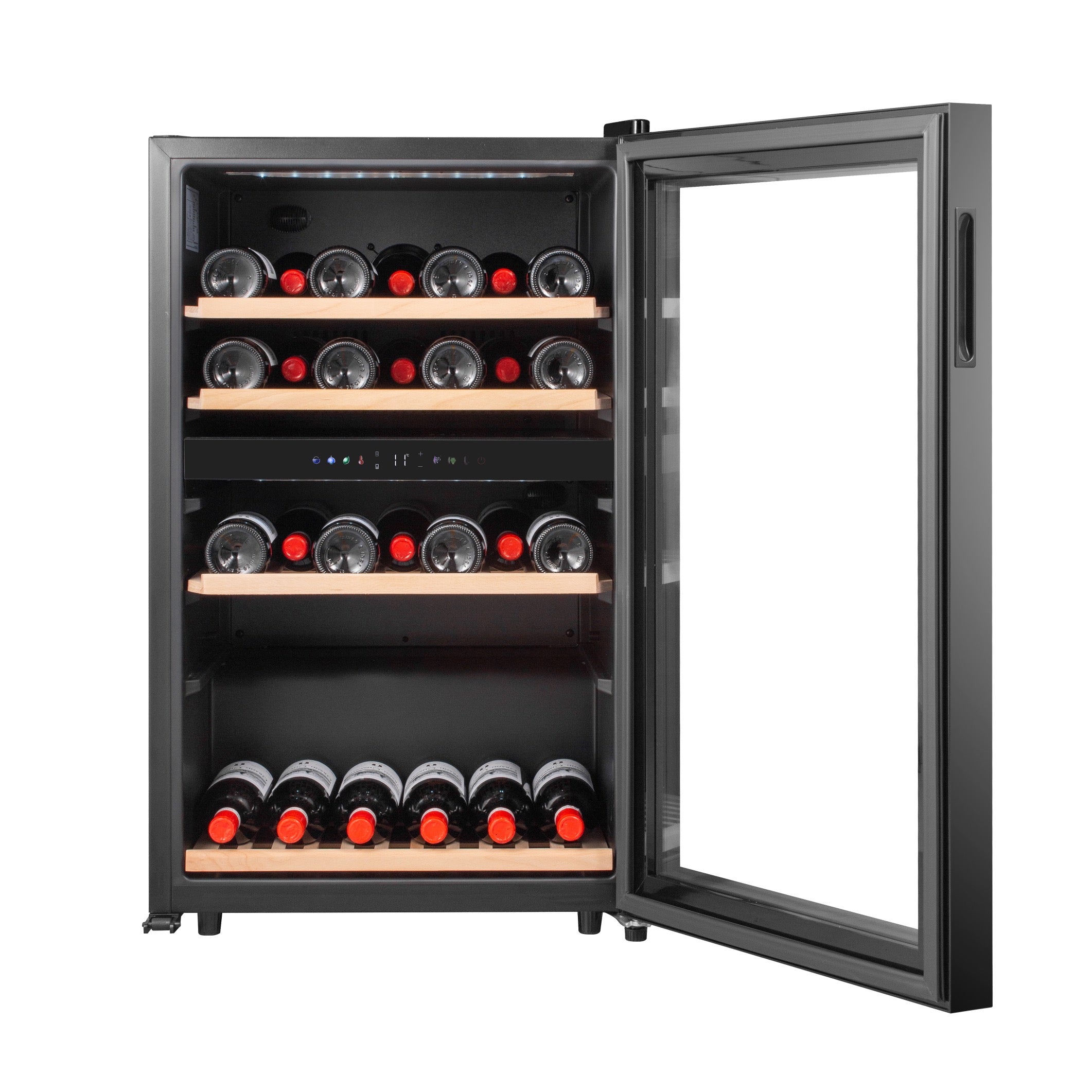 Vinoteca doble zona 59 botellas Caviss C259CBEG frontal abierta con botellas de vino