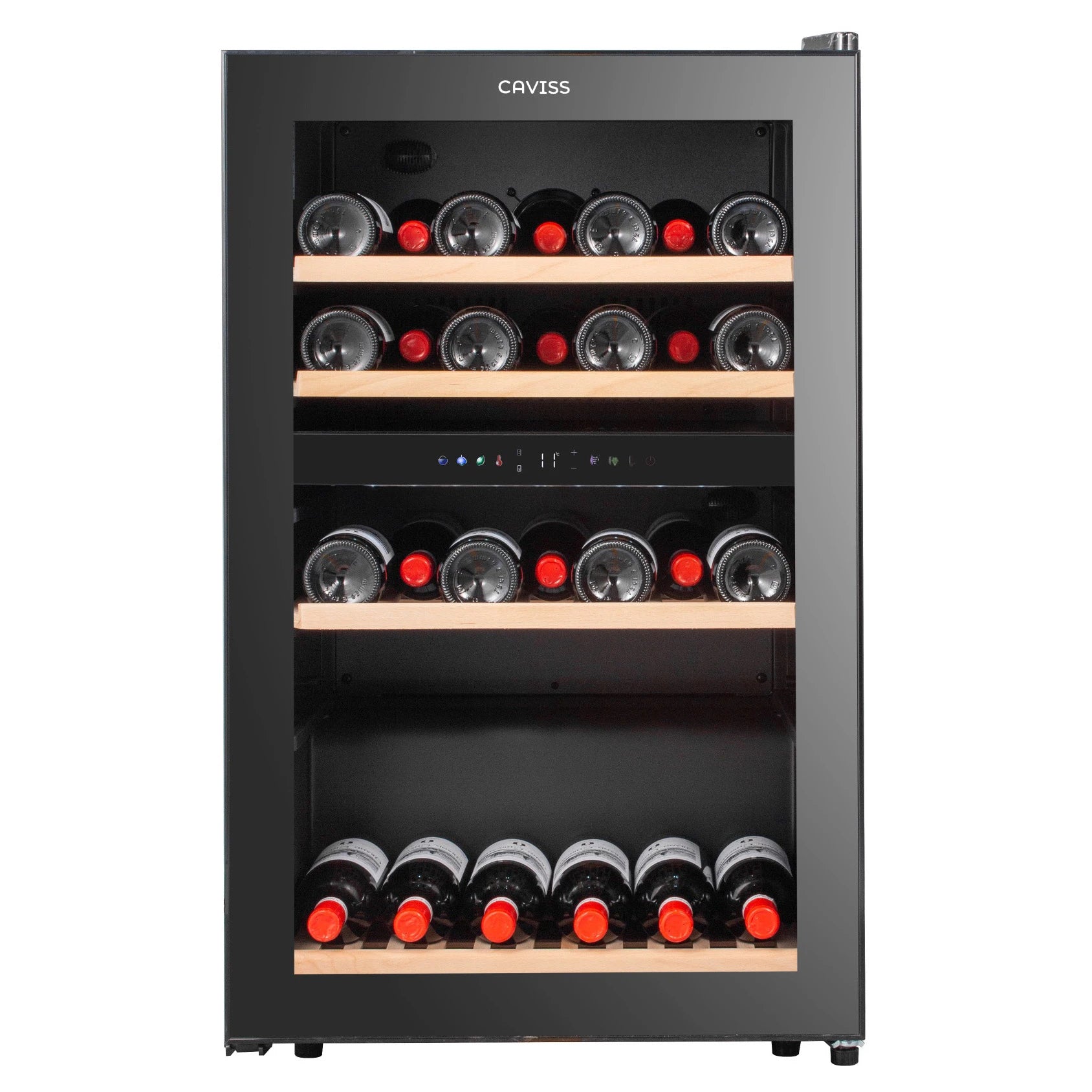 Vinoteca Caviss C259CBEG de 59 botellas, doble zona, libre instalación, vista frontal del modelo negro.