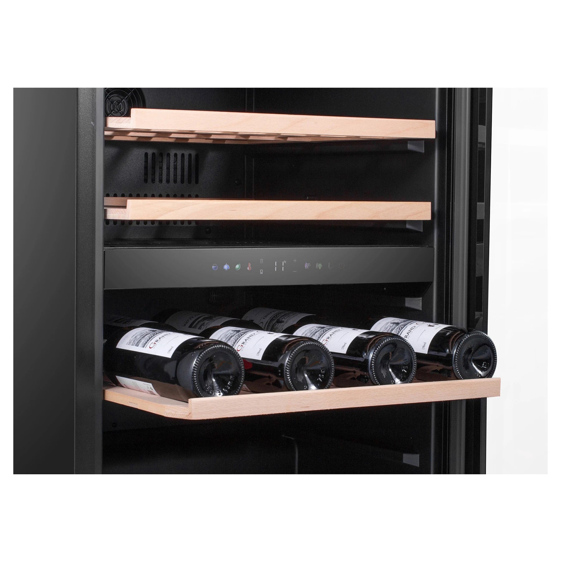 Caviss C259CBEG, vinoteca doble zona con diseño negro y estantes de madera.