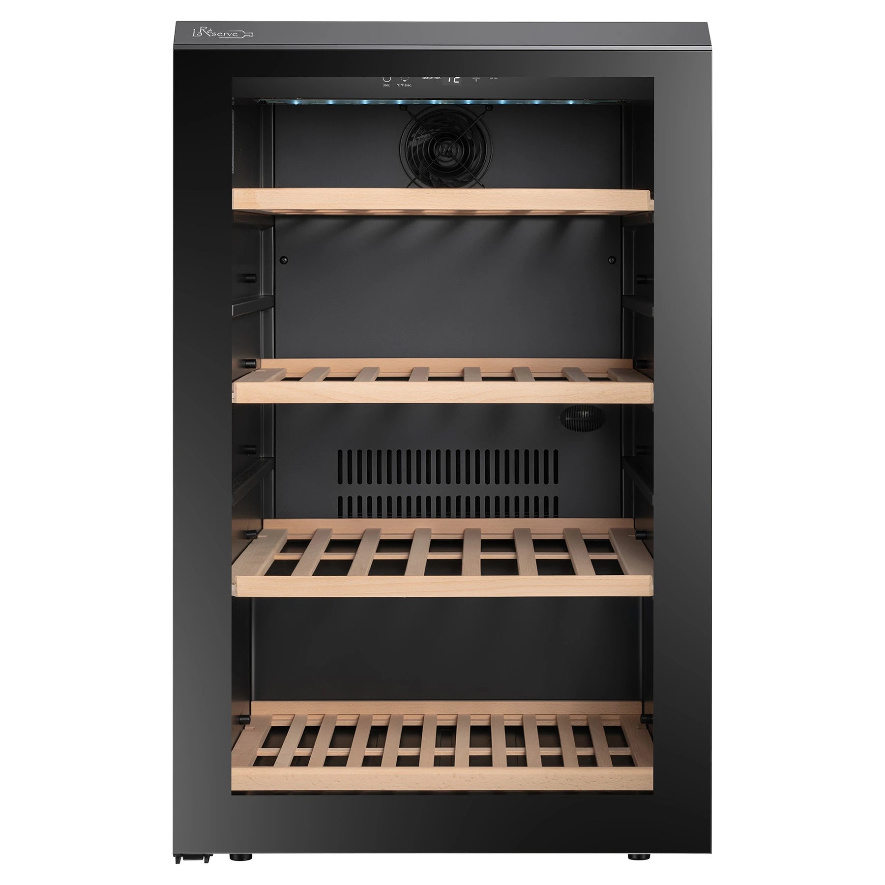 Detalle de la vinoteca La Réserve RWC159FN1 con puerta de cristal negro y diseño doméstico