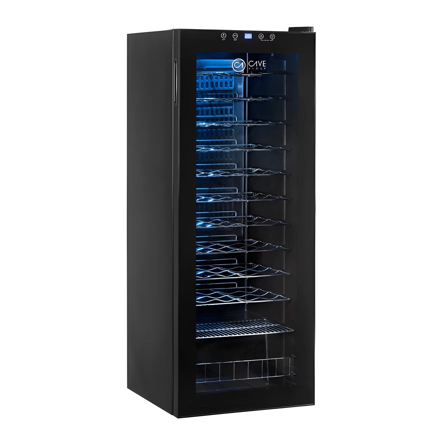 Vinoteca Cave Vinum CV-60C de 60 botellas, en color negro, con puerta de vidrio, estantes metálicos y luz interior azul.