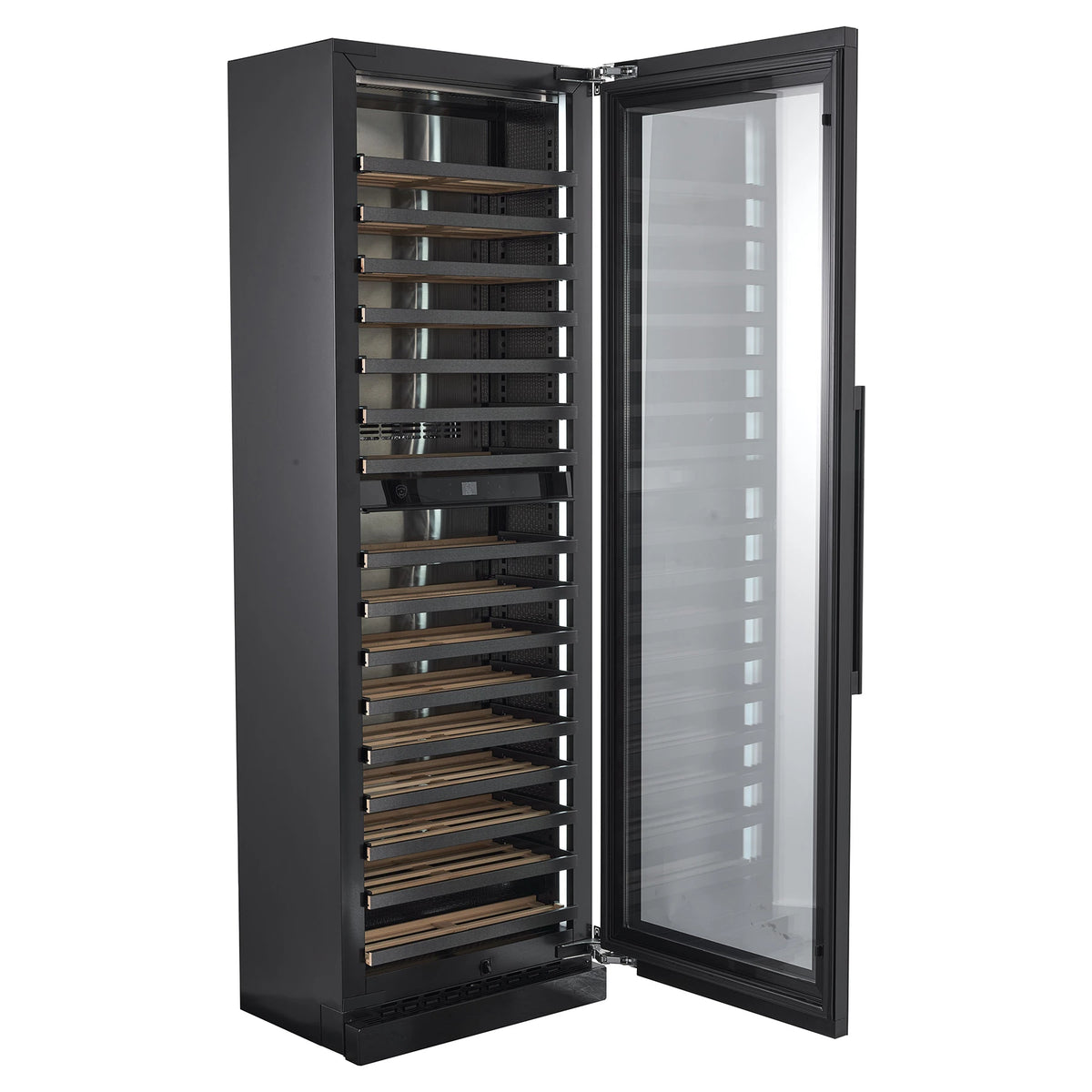 Nestor M Wine NWV264SGN1 wine cooler three-quarter view with door open and wooden shelves