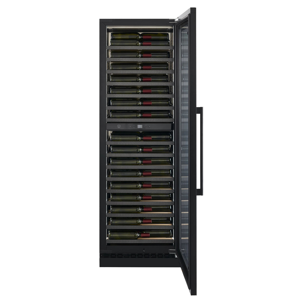 Nestor M Wine NWV264SGN1 wine cooler with door open and bottles on the shelves