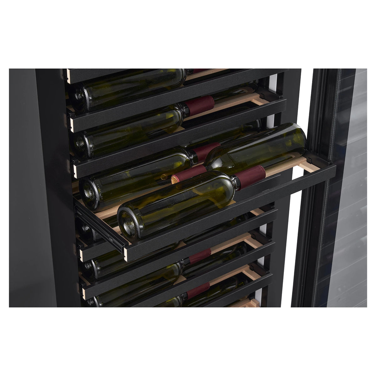 Wooden shelf pulled out with bottles in the Nestor M Wine NWV264SGN1 wine cooler