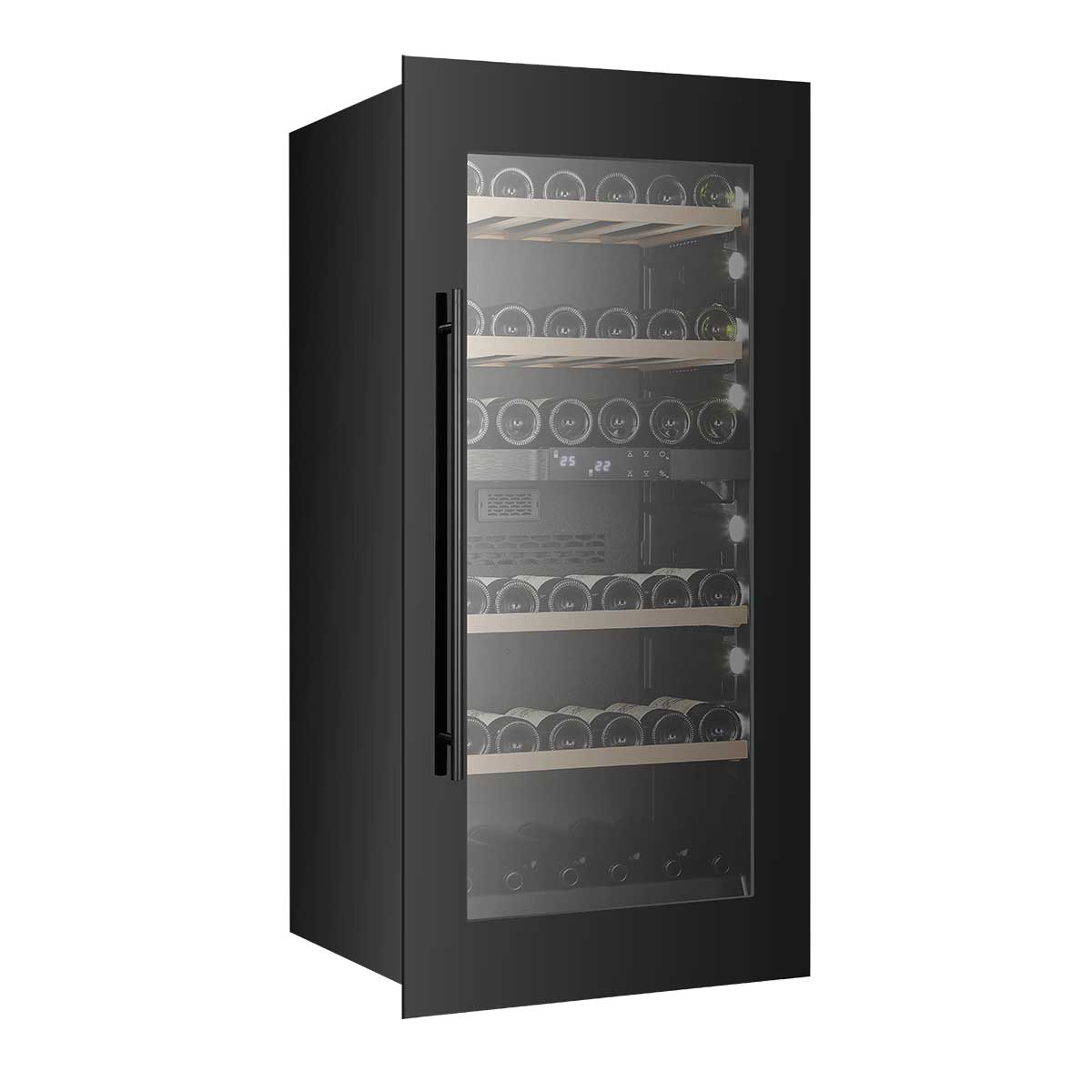 Vinoteca encastrable doble zona 65 botellas Cavanova CV065KT-2T vista lateral con puerta cerrada y llena de botellas de vino